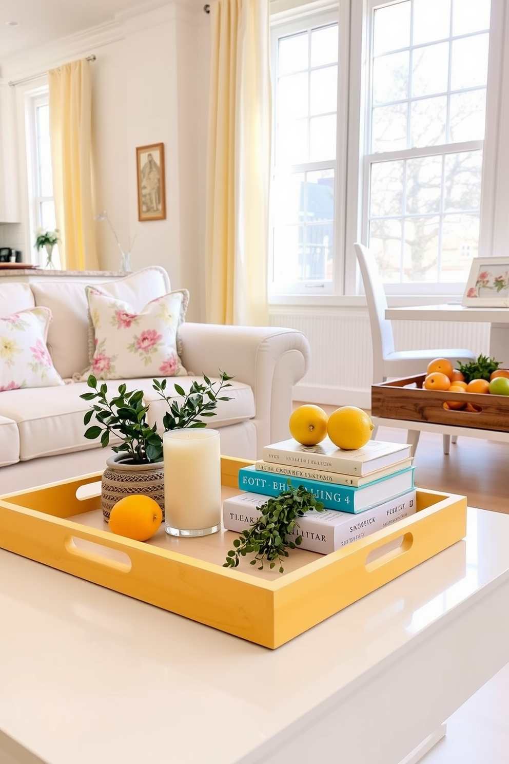 A bright and airy apartment setting filled with fresh spring decor. Decorative trays in pastel colors are used to organize small items on the coffee table and kitchen counter. The living room features a light-colored sofa adorned with floral-patterned throw pillows. A large decorative tray sits on the coffee table, holding a candle, a small plant, and a stack of art books. In the kitchen, a wooden tray displays fresh fruits and herbs, adding a touch of nature to the space. Soft yellow curtains frame the windows, allowing natural light to illuminate the cheerful decor.