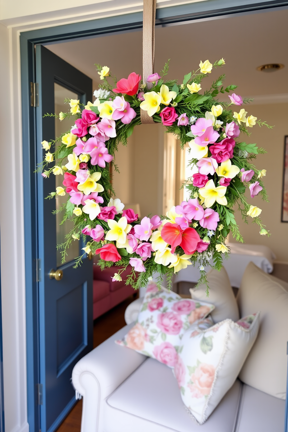 A vibrant spring-themed wreath adorned with fresh flowers and greenery hangs gracefully on the front door. The cheerful colors of the wreath welcome guests and set a joyful tone for the spring season. Inside the apartment, light pastel accents complement the decor, creating a fresh and airy atmosphere. Decorative cushions with floral patterns are placed on the sofa, enhancing the spring theme throughout the living space.