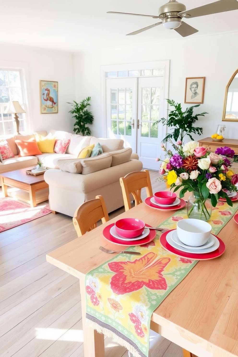 A bright and airy living room filled with natural light. The space features a cozy sofa adorned with colorful cushions, and a cheerful table runner drapes over a rustic wooden coffee table. In the dining area, a light wood table is set with vibrant dishes and a floral centerpiece. The table is enhanced by a playful table runner that adds a touch of spring charm to the space.