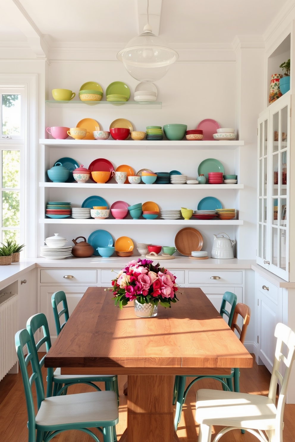 A bright and cheerful kitchen setting featuring an array of colorful ceramic dishes displayed on open shelves. The walls are painted in soft white, creating a fresh backdrop that enhances the vibrant hues of the dishes. Incorporate a rustic wooden dining table adorned with a simple floral centerpiece. Natural light floods the space through large windows, highlighting the playful decor and inviting atmosphere.