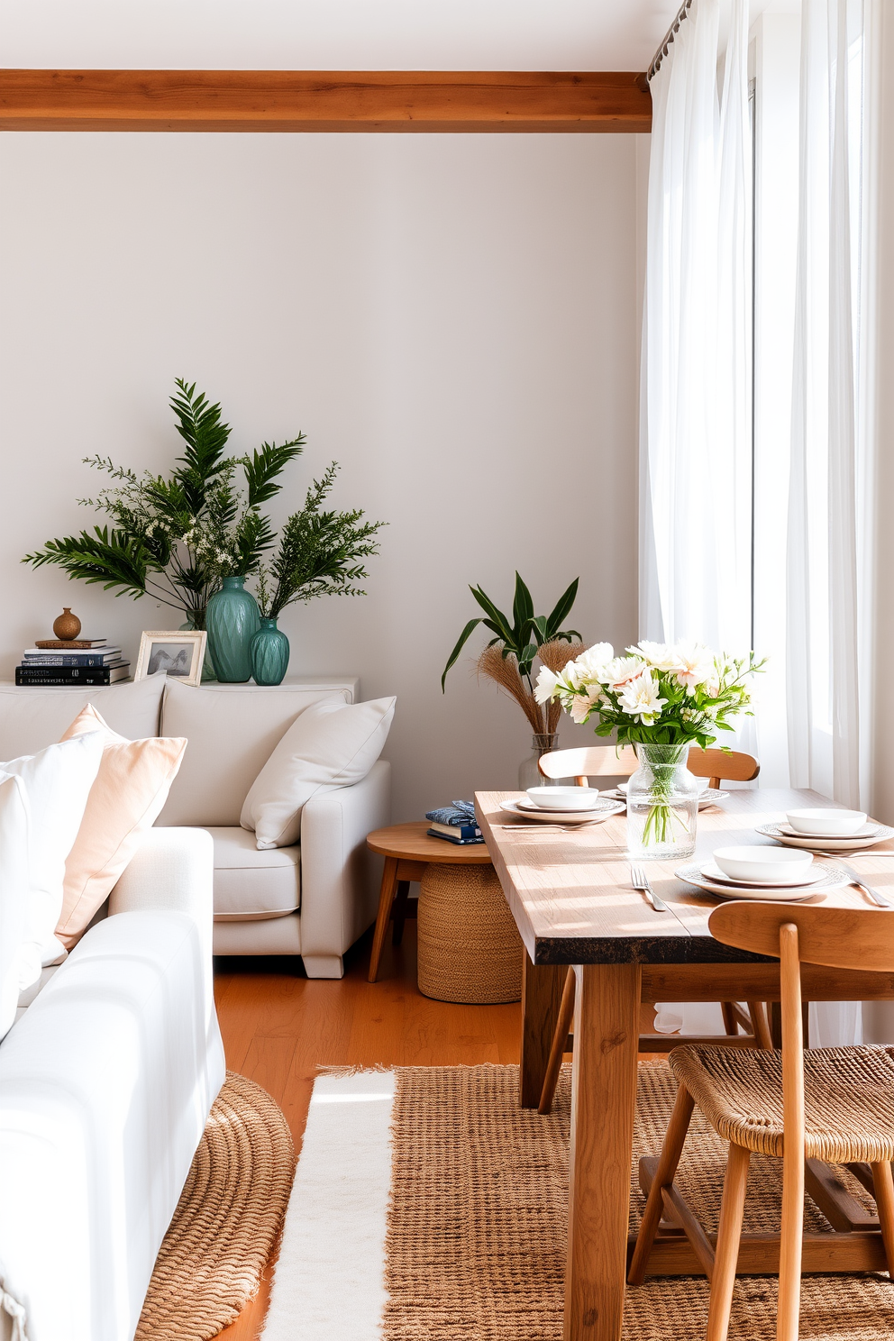 A bright and airy apartment filled with spring-inspired decor. The living room features a soft linen sofa adorned with pastel throw pillows, complemented by a woven jute rug underfoot. In the dining area, a rustic wooden table is set with ceramic dishes and fresh flowers in a glass vase. Sheer curtains flutter gently by the open window, allowing natural light to fill the space.