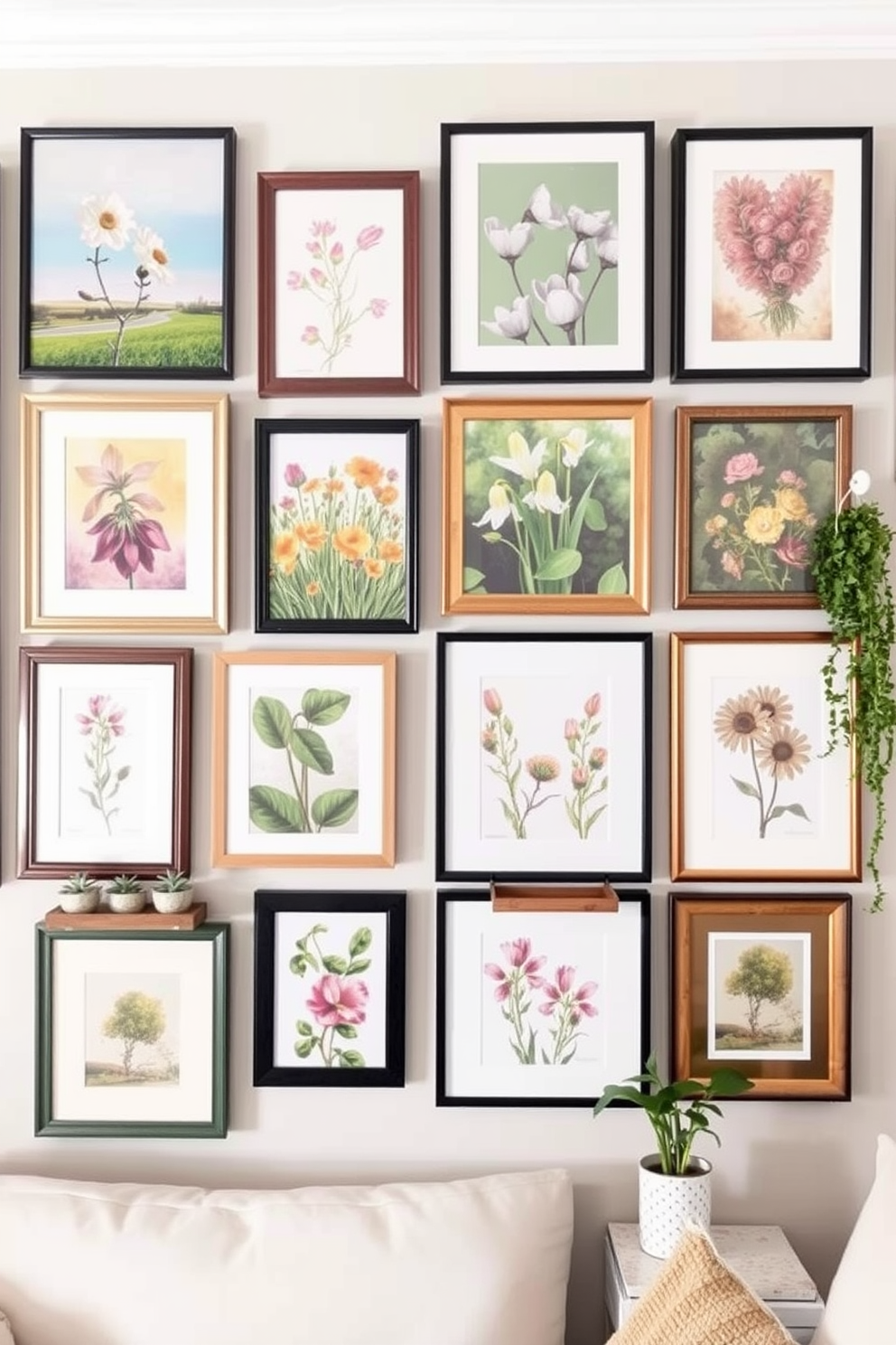 Create a gallery wall featuring vibrant spring-themed art pieces. The wall is adorned with a mix of framed paintings, botanical prints, and colorful photographs that capture the essence of the season. Incorporate various frame styles and sizes for an eclectic look. Add decorative elements like small shelves or hanging plants to enhance the spring apartment decorating theme.