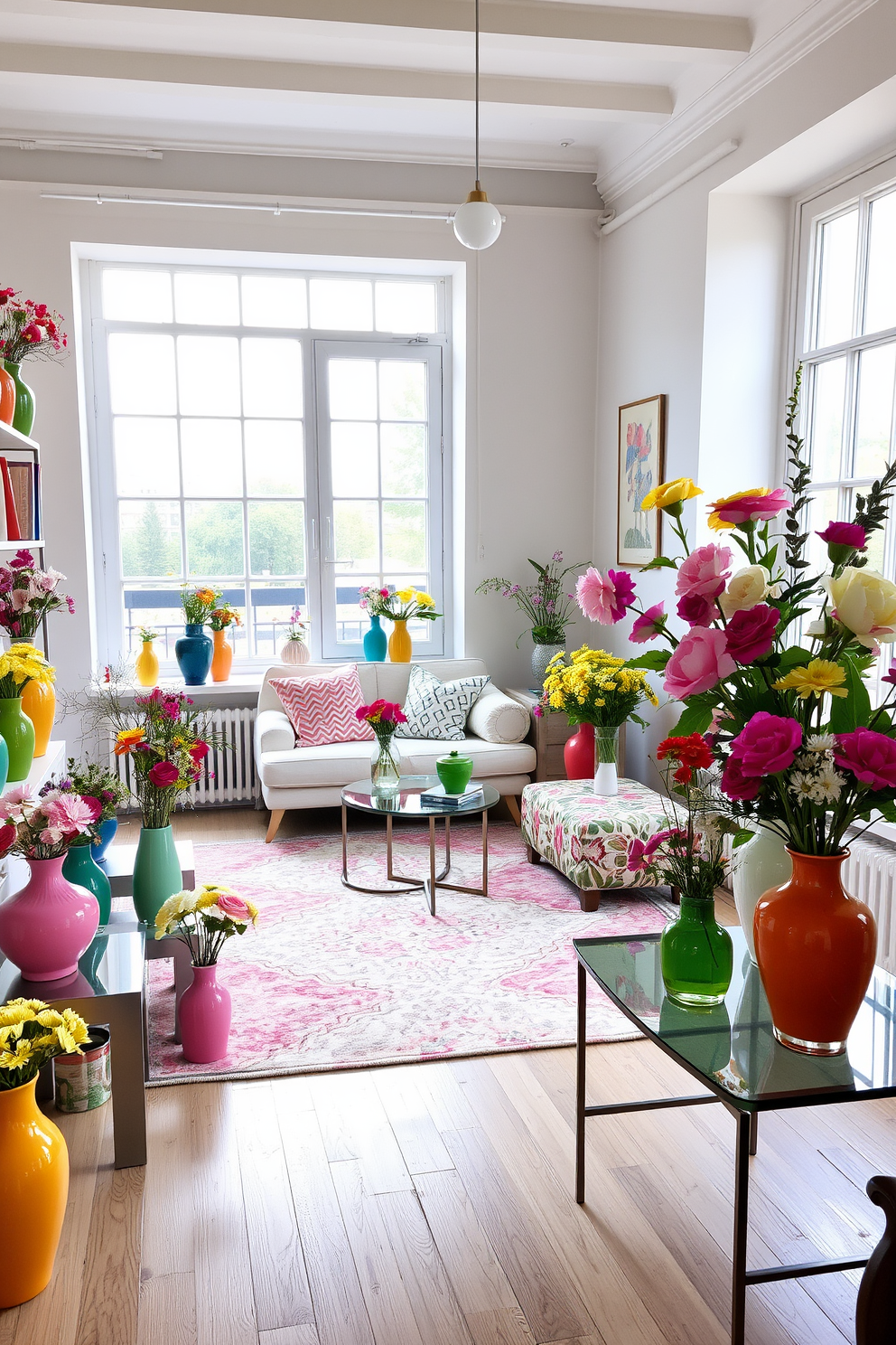 A bright and airy apartment filled with vibrant colors and fresh floral arrangements. Colorful vases in various shapes and sizes are strategically placed on shelves and tables, showcasing seasonal flowers that bring life to the space. The living room features a cozy seating area adorned with pastel cushions and a large area rug. Natural light floods in through large windows, enhancing the cheerful atmosphere created by the carefully curated decor.