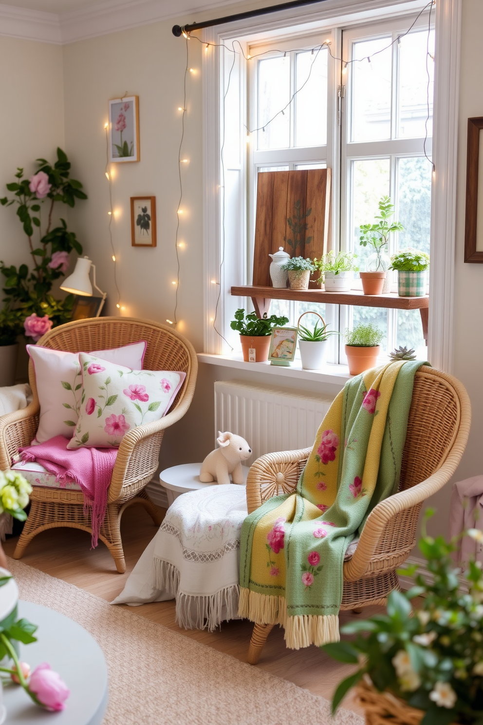 A charming living room filled with whimsical garden accents. The space features a light pastel color palette with floral-patterned cushions and a vintage wicker chair adorned with a colorful throw blanket. A small indoor plant collection is displayed on a rustic wooden shelf, adding a touch of greenery. Delicate fairy lights are draped across the window, creating a warm and inviting atmosphere that celebrates the essence of spring.