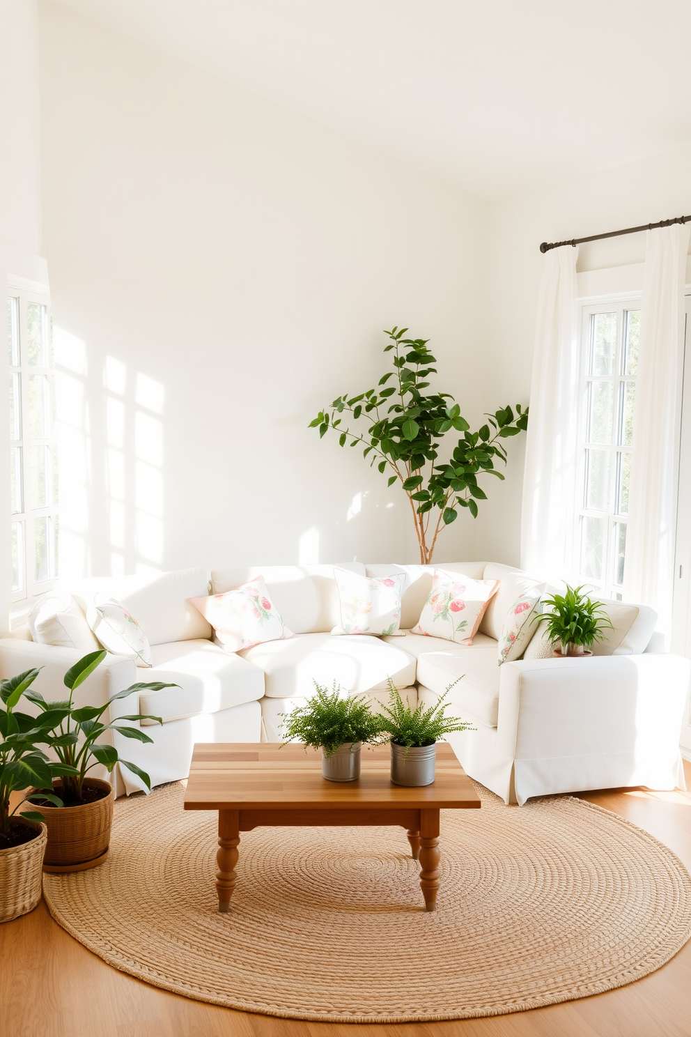 A bright and airy living room filled with natural light. The walls are painted in soft white, and the furniture features light pastel colors, creating a refreshing and inviting atmosphere. A cozy nook with a light-colored sectional sofa adorned with floral throw pillows. A wooden coffee table sits on a light woven rug, surrounded by potted plants that add a touch of greenery to the space.