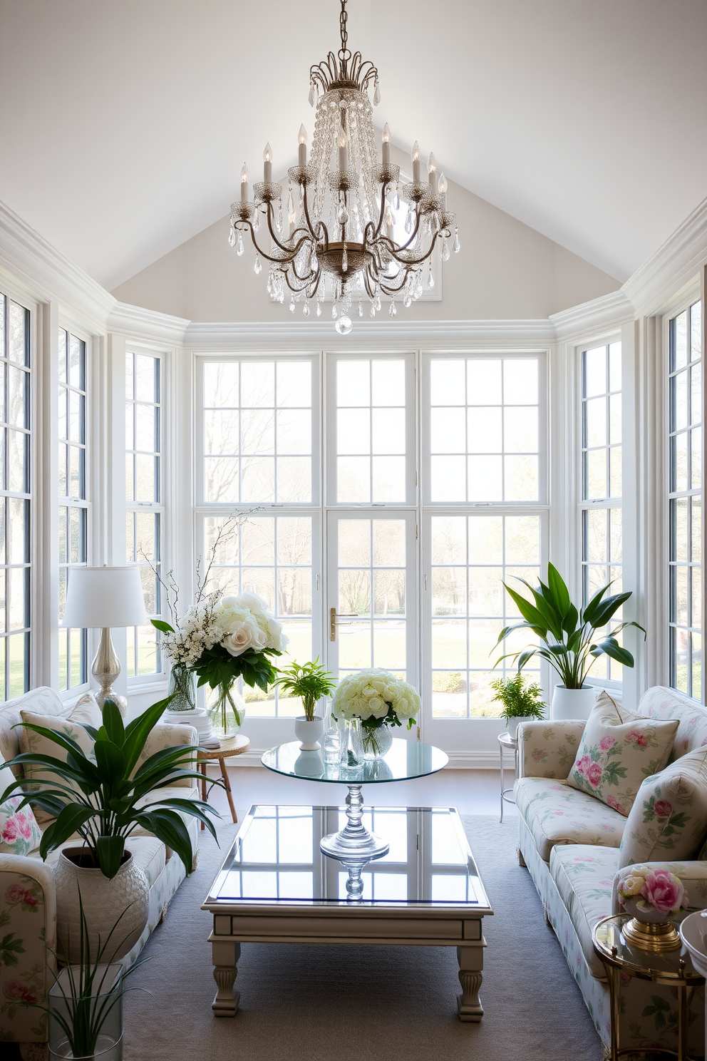 A bright and airy living room featuring large windows that allow natural light to flood in. The space is adorned with glass and crystal decor elements, such as a sparkling chandelier and elegant vases that catch the light beautifully. The color palette includes soft pastels and fresh greens, creating a welcoming atmosphere. Plush seating arrangements with floral patterns complement the spring theme, while potted plants add a touch of nature to the decor.