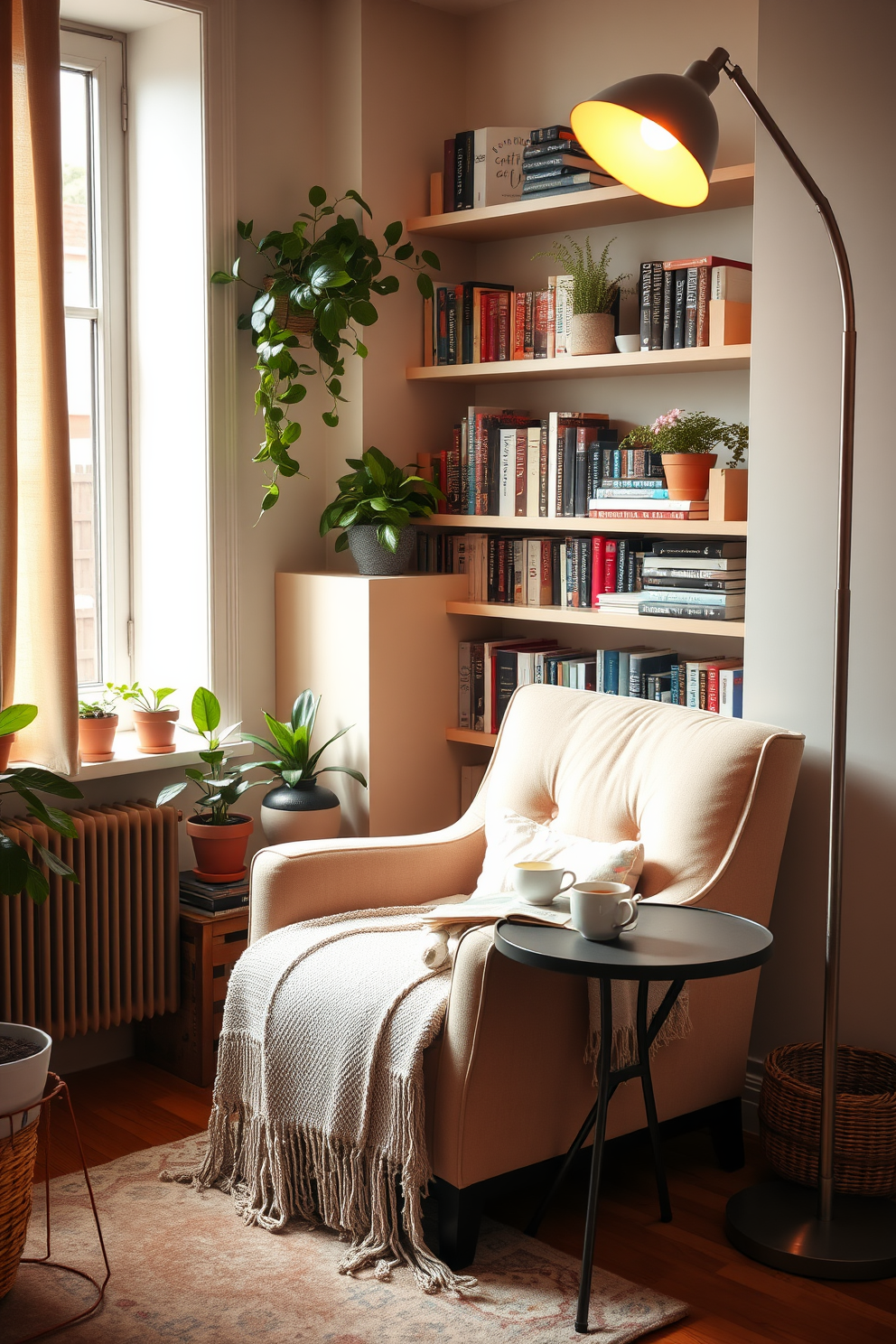 A cozy reading nook is set in a sunlit corner of a stylish apartment. It features a plush armchair upholstered in soft pastel fabric, accompanied by a small round side table holding a steaming cup of tea. Surrounding the nook are shelves filled with books and potted plants that add a touch of greenery. A soft throw blanket drapes over the armchair, while a floor lamp with a warm glow provides the perfect lighting for evening reading.