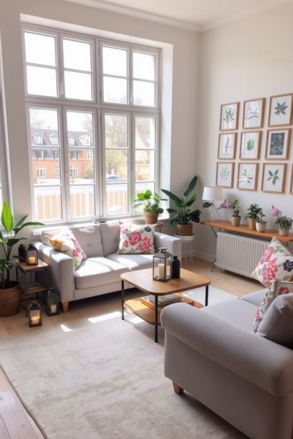 A bright and airy apartment decorated for spring features large windows that let in plenty of natural light. Colorful throw pillows in floral patterns adorn a light gray sofa, while a soft pastel area rug anchors the space. In one corner, a small wooden coffee table is surrounded by potted plants and decorative lanterns that add a warm glow. The walls are painted in a soft white, and a gallery of framed botanical prints adds a touch of nature to the decor.