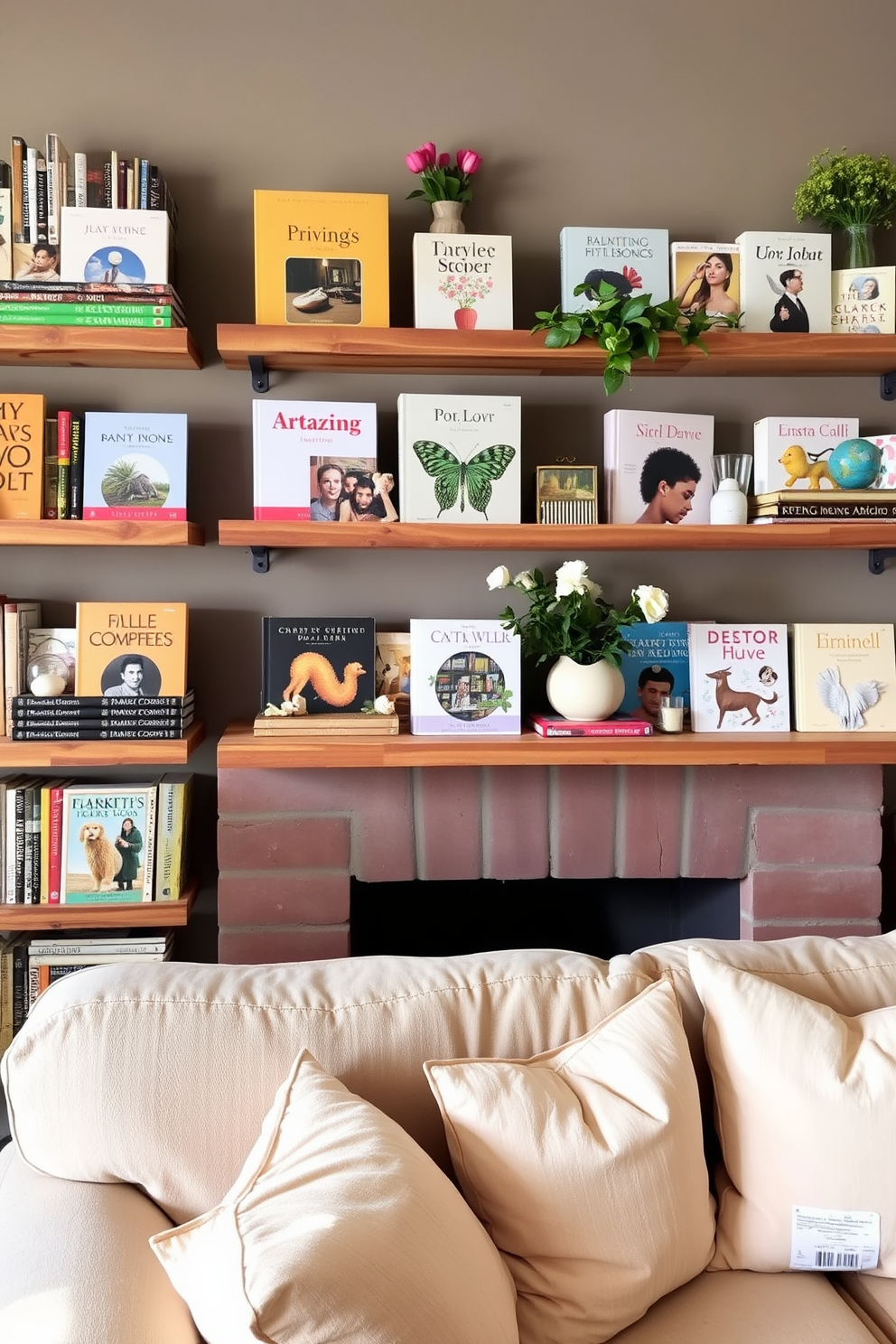 Display seasonal books on shelves in a cozy living room setting. The shelves are made of reclaimed wood and are filled with colorful books arranged by theme, with decorative objects interspersed among them. Incorporate fresh flowers and greenery to enhance the spring vibe. Soft pastel cushions adorn a comfortable sofa, complementing the light and airy atmosphere of the apartment.