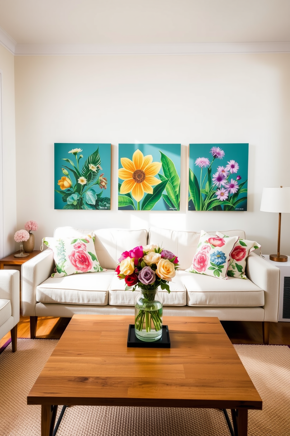 A bright and airy apartment filled with spring vibes. The walls are adorned with vibrant botanical prints that bring life to the space. A cozy seating area features a light-colored sofa with floral throw pillows. A wooden coffee table sits in the center, decorated with fresh flowers in a glass vase.