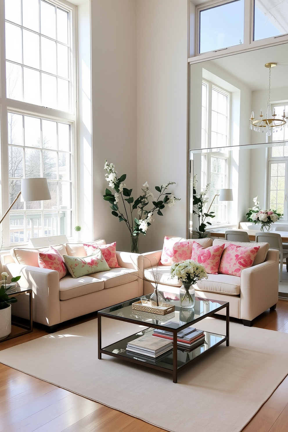 A bright and airy apartment filled with spring decor. Large windows allow natural light to flood the space, while strategically placed mirrors reflect this light, enhancing the overall brightness. The living area features a soft pastel color palette with floral accents. A cozy sofa is adorned with vibrant throw pillows, and a glass coffee table sits atop a light area rug, creating a welcoming atmosphere.