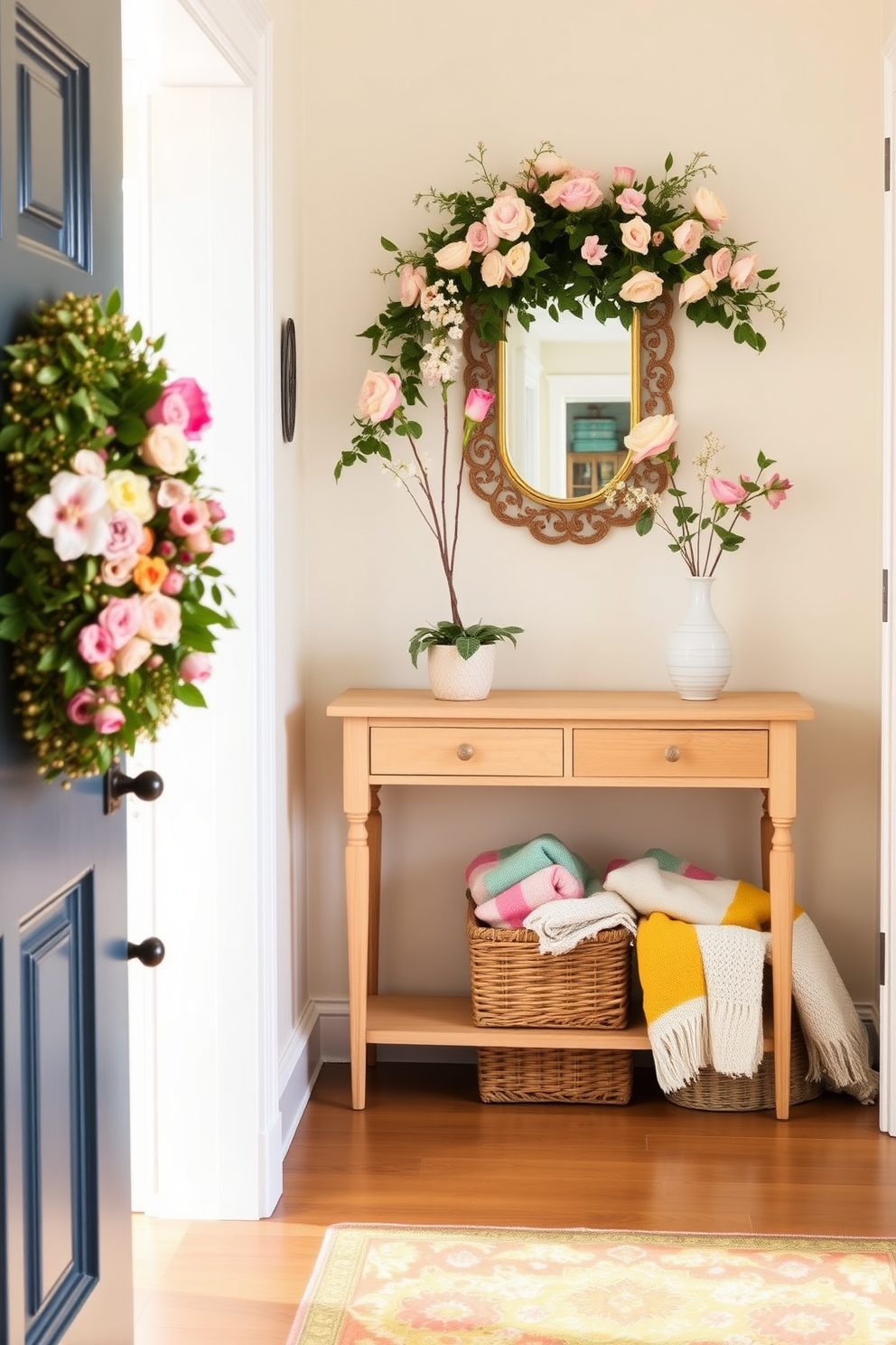 A bright and airy entryway adorned with fresh flowers in pastel hues. A light wood console table sits against the wall, topped with a decorative mirror and a small potted plant. The walls are painted in a soft cream color, creating a warm and inviting atmosphere. A woven basket holds colorful throw blankets, and a cheerful rug welcomes guests at the door.