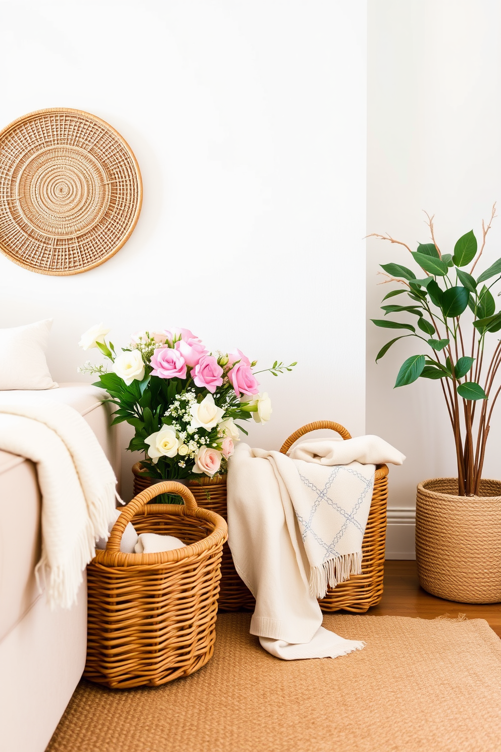 Create a bright and airy spring apartment setting that features decorative baskets used for stylish storage solutions. The room should have a light color palette with pops of pastel accents, showcasing the baskets filled with fresh flowers and soft throws.