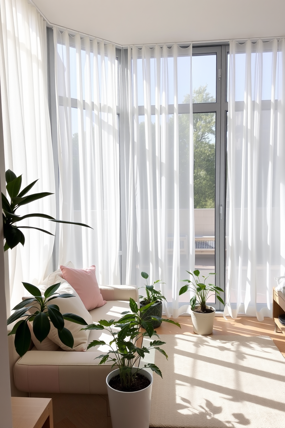 A bright and airy apartment filled with natural light. Soft, sheer curtains flutter gently in the breeze, allowing sunlight to filter through. The living room features a cozy seating area with pastel-colored cushions and a light-colored area rug. Potted plants are strategically placed to bring a touch of nature indoors.