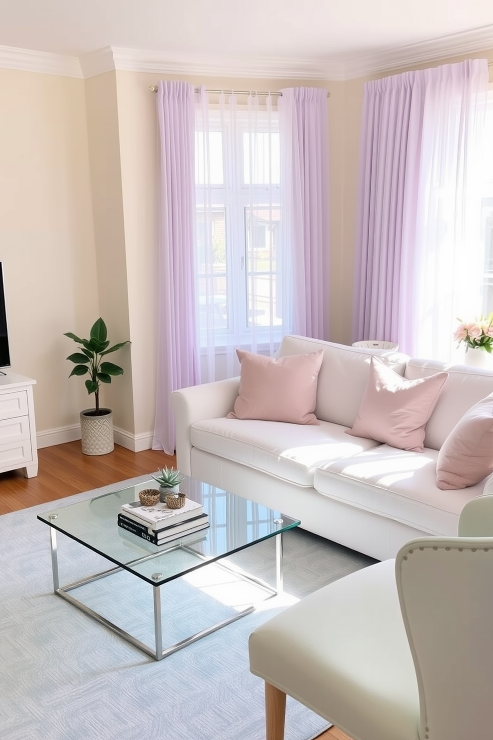 A bright and airy living room adorned with soft pastel accents. The walls are painted in a light cream shade, complemented by pastel pink throw pillows on a plush white sofa. A delicate pastel blue rug lies beneath a glass coffee table, which features a small succulent and a stack of art books. Sheer curtains in a soft lavender hue gently filter the sunlight, creating a warm and inviting atmosphere. In the dining area, a round table is set with pastel-colored dishes and a simple floral centerpiece. The chairs are upholstered in a light mint fabric, adding a fresh touch to the overall decor.