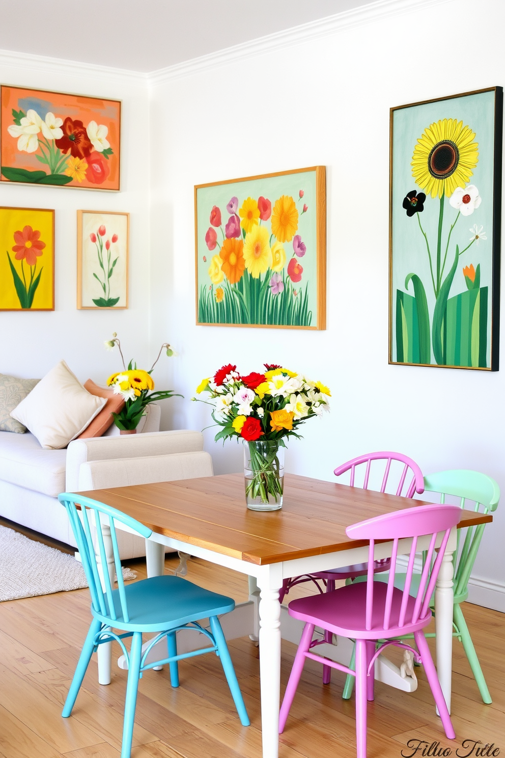 A bright and airy living room adorned with vibrant spring-themed artwork. The walls are painted in a soft white, allowing the colorful pieces to stand out, while a plush pastel sofa invites relaxation. A cheerful dining area featuring a wooden table surrounded by mismatched chairs in various pastel colors. Fresh flowers in a bright vase sit at the center, enhancing the lively spring atmosphere.