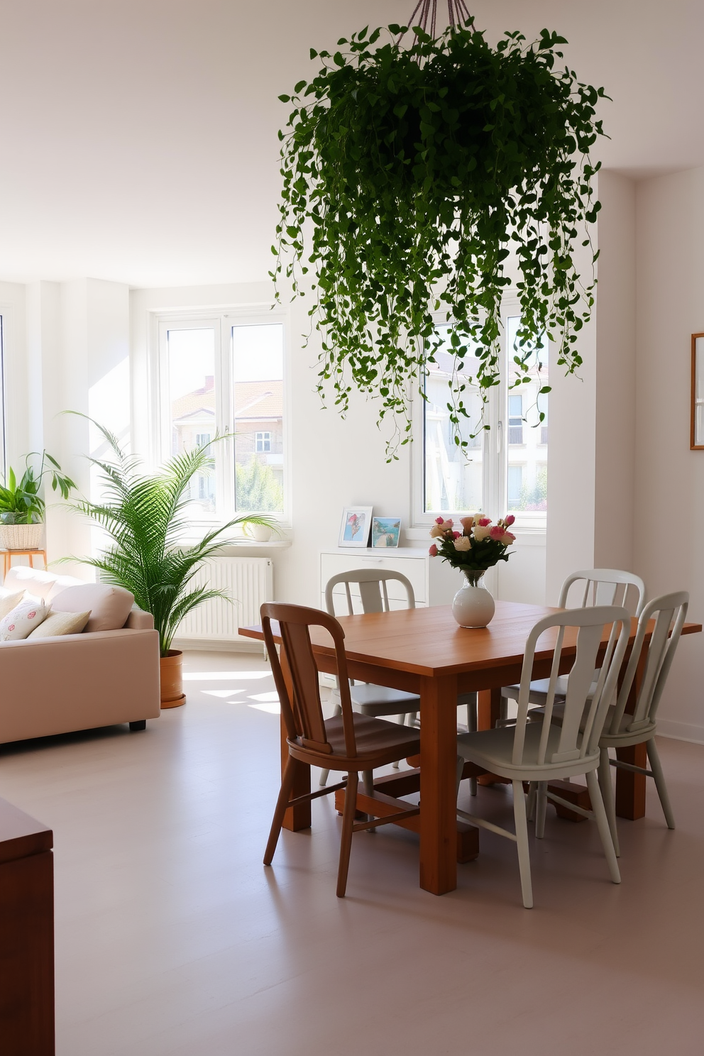 A bright and airy apartment filled with natural light. The living room features a soft beige sofa adorned with pastel-colored cushions, and a large potted fern stands in the corner, adding a touch of greenery. The dining area is styled with a wooden table surrounded by mismatched chairs, each painted in light pastel shades. A cascading plant hangs from the ceiling, creating a vibrant focal point above the table.