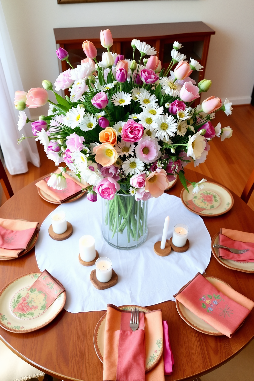 A vibrant spring-themed centerpiece features a round wooden table adorned with a white linen tablecloth. At the center, a large glass vase overflows with an array of fresh flowers in pastel hues including tulips, daisies, and peonies. Surrounding the vase, delicate candles in varying heights are placed on small coasters made of natural wood. The table is set with mismatched vintage plates and colorful napkins, creating a cheerful and inviting atmosphere perfect for spring gatherings.