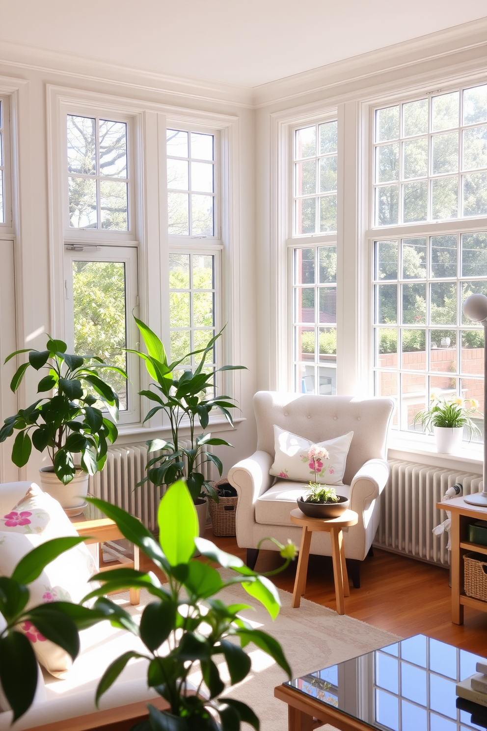 A bright and airy living room filled with natural light streaming through large windows. The space features a soft pastel color palette with floral accents, complemented by light wooden furniture. A cozy reading nook is created with a plush armchair and a small side table, bathed in sunlight. Green plants are strategically placed around the room to bring a fresh, vibrant feel to the decor.