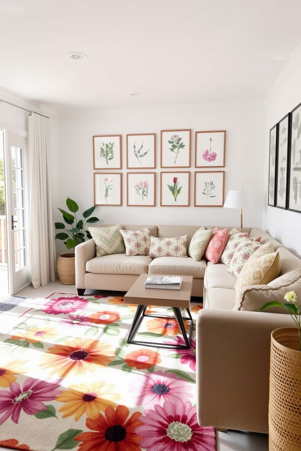 A bright and airy living room filled with natural light. The space features a comfortable sofa adorned with a mix of floral and geometric patterned cushions. In one corner, a vibrant area rug with a bold floral design anchors the seating area. A gallery wall showcases a collection of framed botanical prints, adding a touch of spring to the decor.