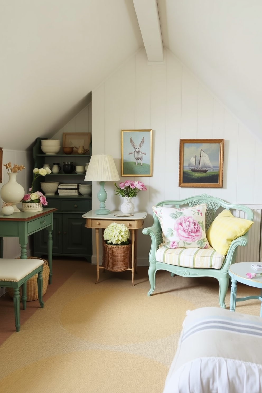 A cozy attic space filled with natural light. Soft pastel colors adorn the walls and furnishings, creating a fresh and inviting atmosphere. A comfortable seating area features a plush light pink sofa paired with a pastel yellow armchair. Decorative pillows in various pastel shades add a playful touch to the space.