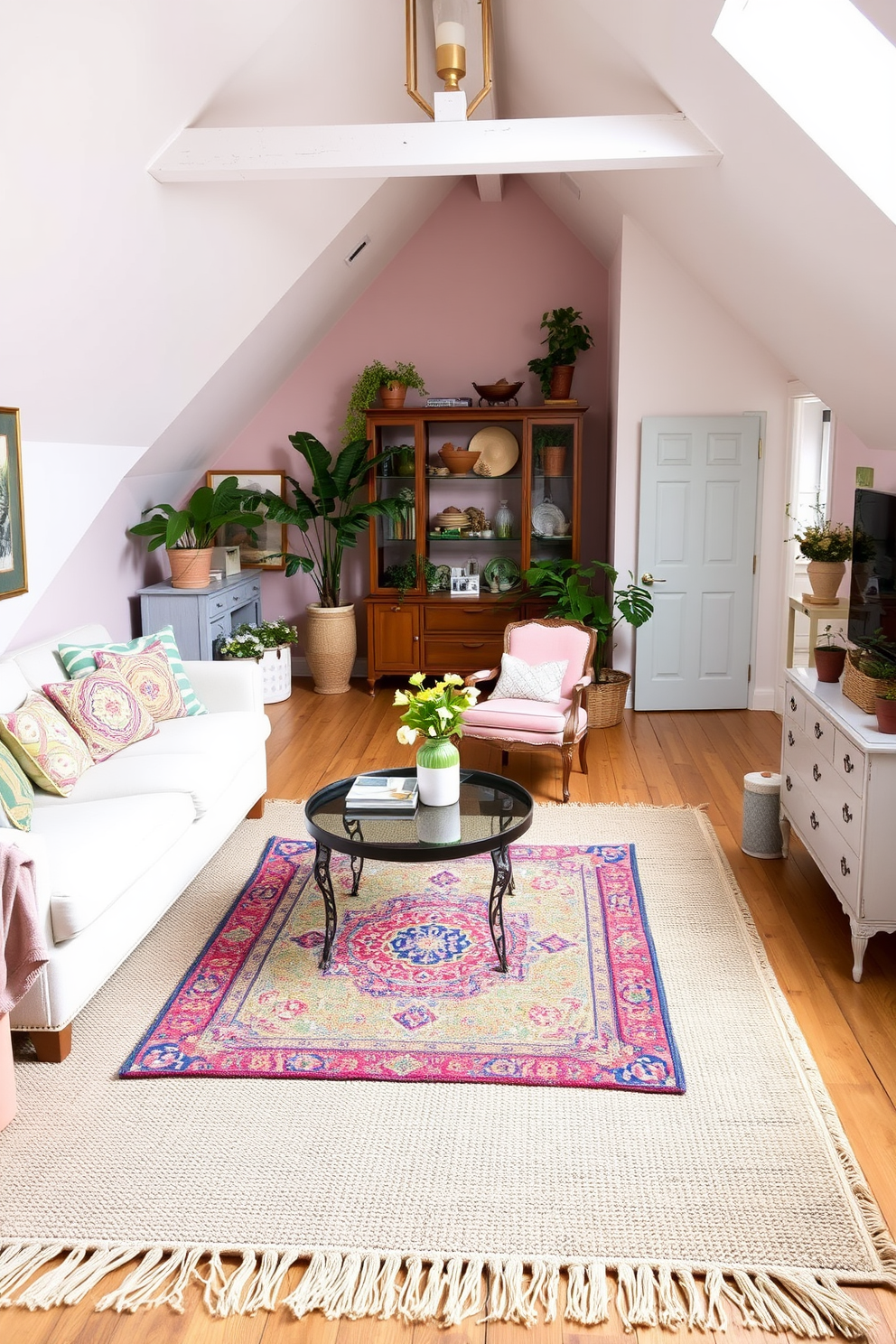 Layer rugs for added texture and warmth. A cozy living room features a large neutral area rug topped with a smaller, colorful patterned rug, creating a visually appealing contrast. Spring attic decorating ideas. The attic is transformed into a bright retreat with pastel-colored walls, vintage furniture, and potted plants, evoking a fresh and airy atmosphere.