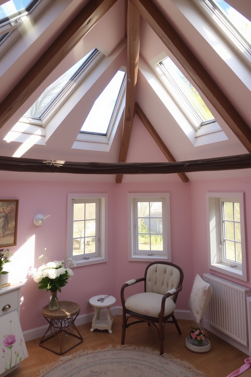 A charming attic space decorated for spring features a gallery wall adorned with a mix of framed art pieces, including botanical prints and vibrant landscapes. Soft pastel colors dominate the decor, with a cozy seating area that includes a plush armchair and a small side table, inviting relaxation and creativity.