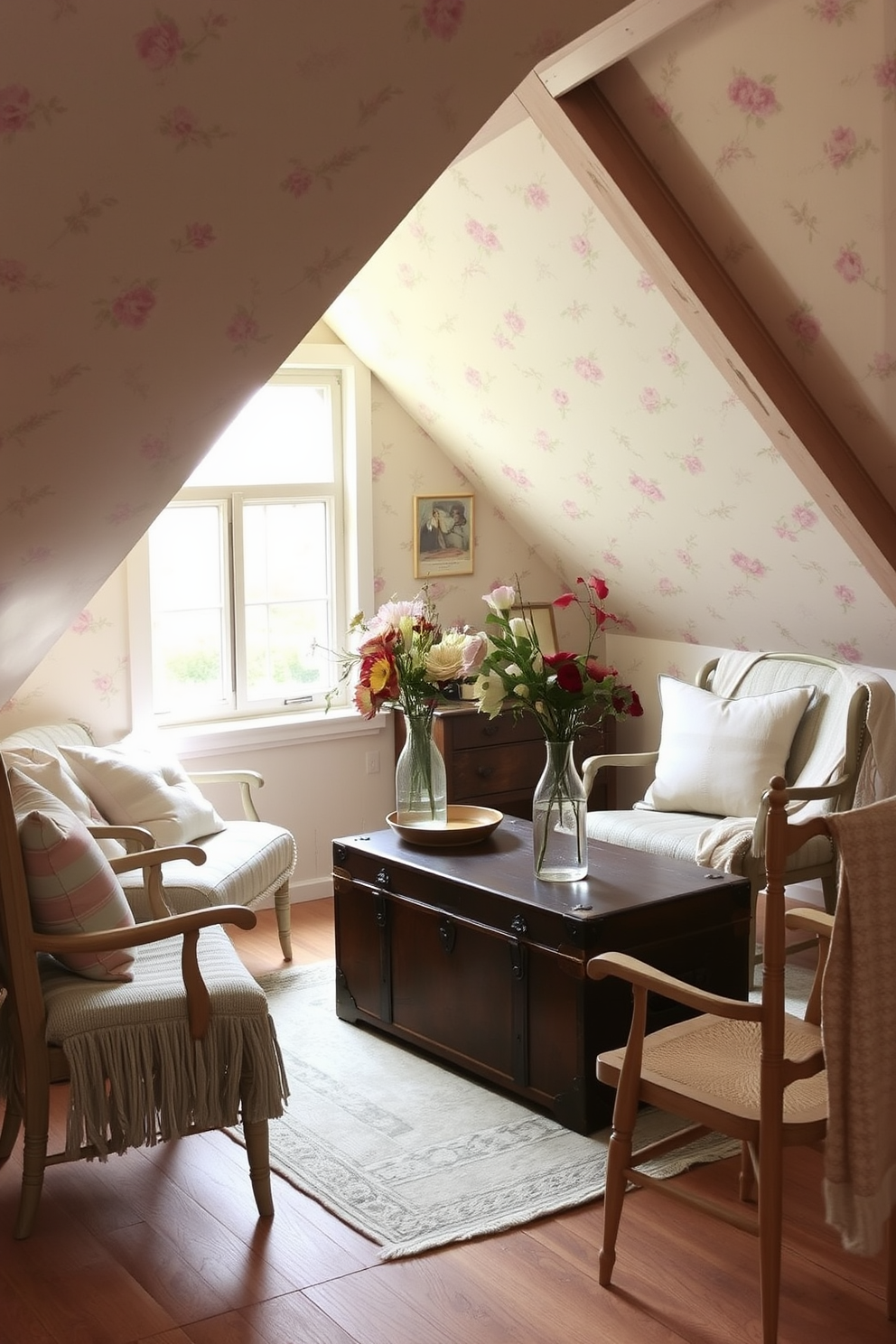 A charming attic space filled with vintage spring-themed decor. Delicate floral patterns adorn the walls, while pastel-colored cushions and throws add a cozy touch to the seating area. An antique wooden trunk serves as a coffee table, surrounded by mismatched chairs that evoke a sense of nostalgia. Soft, natural light filters through the window, highlighting the whimsical arrangements of seasonal flowers in vintage vases.