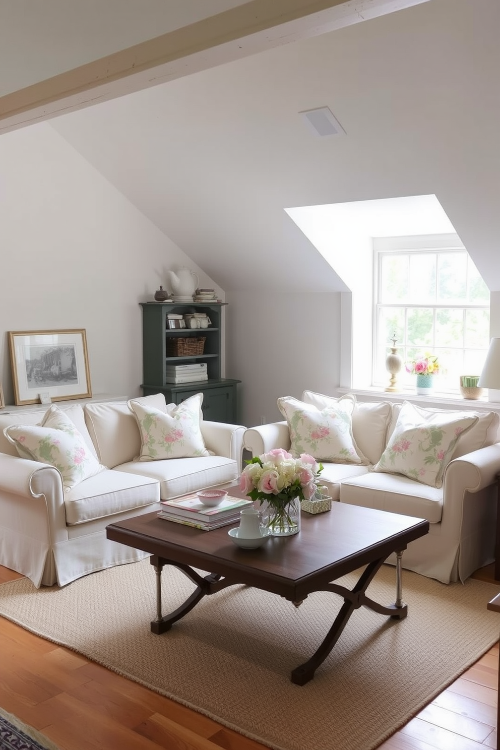 A charming attic workspace featuring a small wooden desk with a rustic finish. The desk is positioned beneath a skylight, allowing natural light to flood the space, surrounded by soft pastel decor and potted plants. The walls are adorned with light, airy wallpaper, and a cozy armchair sits in one corner, inviting relaxation. A collection of vintage books and art supplies are neatly organized on the desk, enhancing the creative atmosphere.