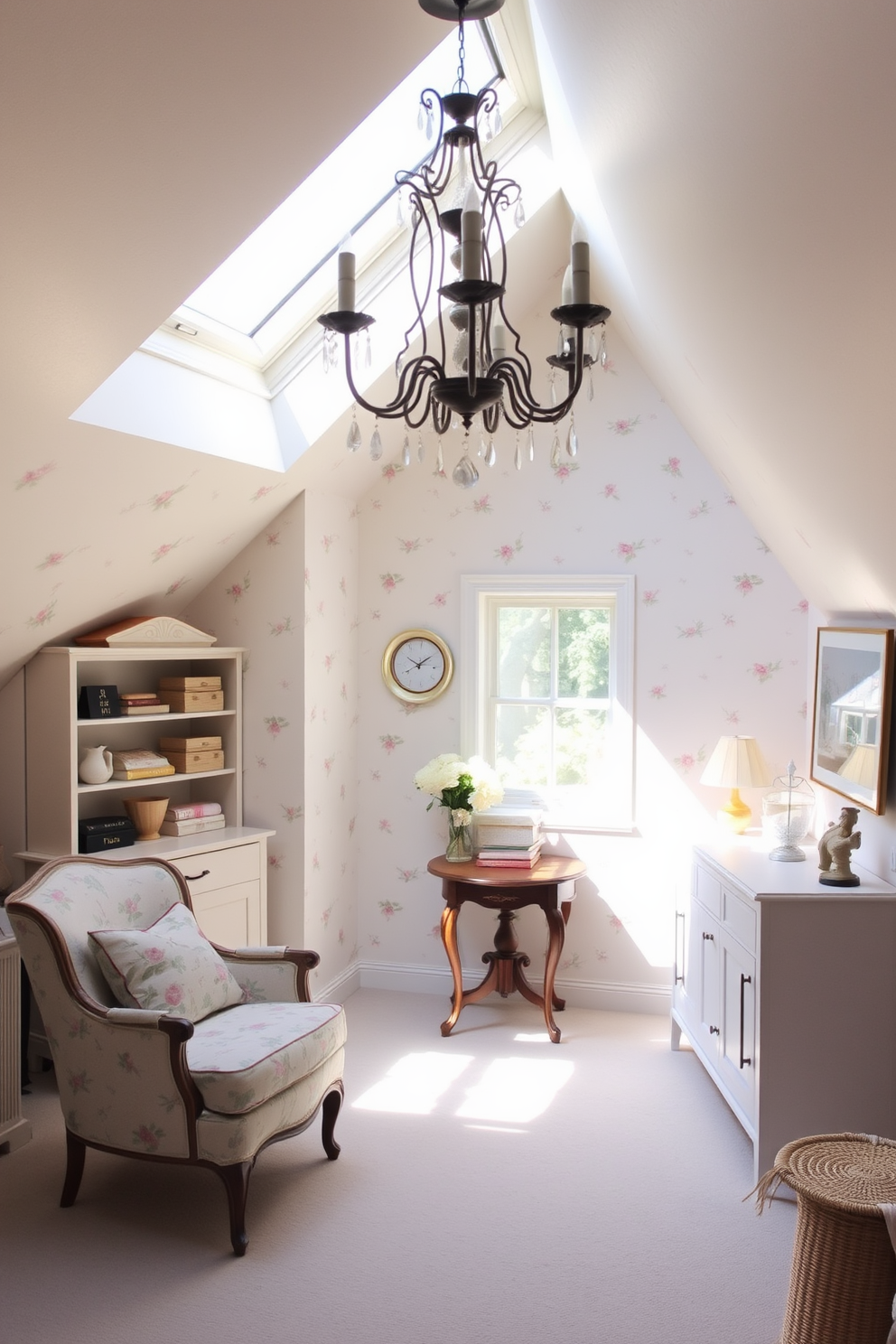 A charming attic space designed for spring. The room features soft pastel colors with floral accents, and a cozy seating area with a vintage armchair and a small wooden table. Natural light floods in through a skylight, illuminating the space. A statement chandelier hangs from the ceiling, adding an elegant touch to the overall decor.