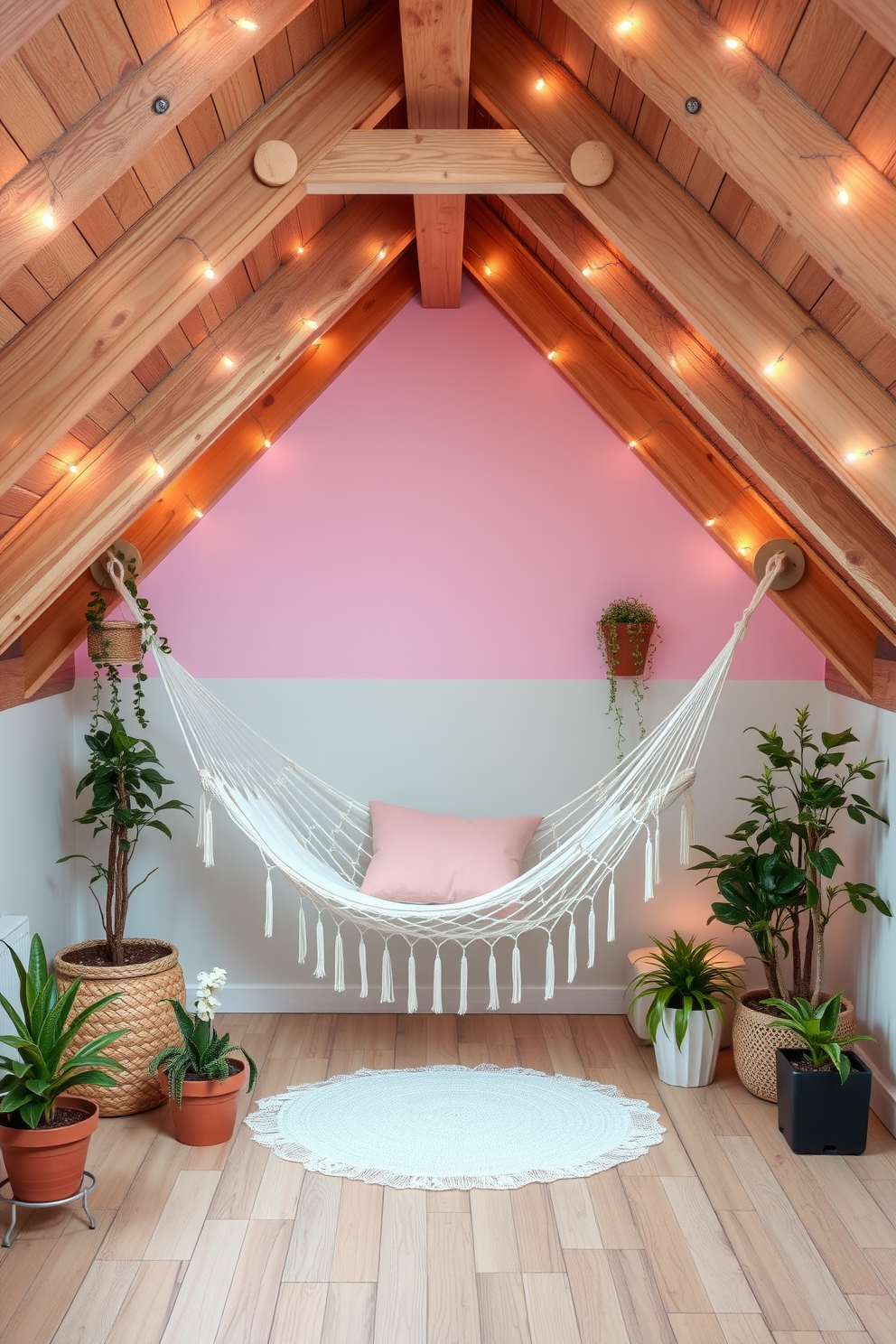 A cozy spring attic space designed for relaxation features a comfortable hammock suspended between exposed wooden beams. Soft pastel colors adorn the walls, while potted plants and fairy lights create a warm and inviting atmosphere.