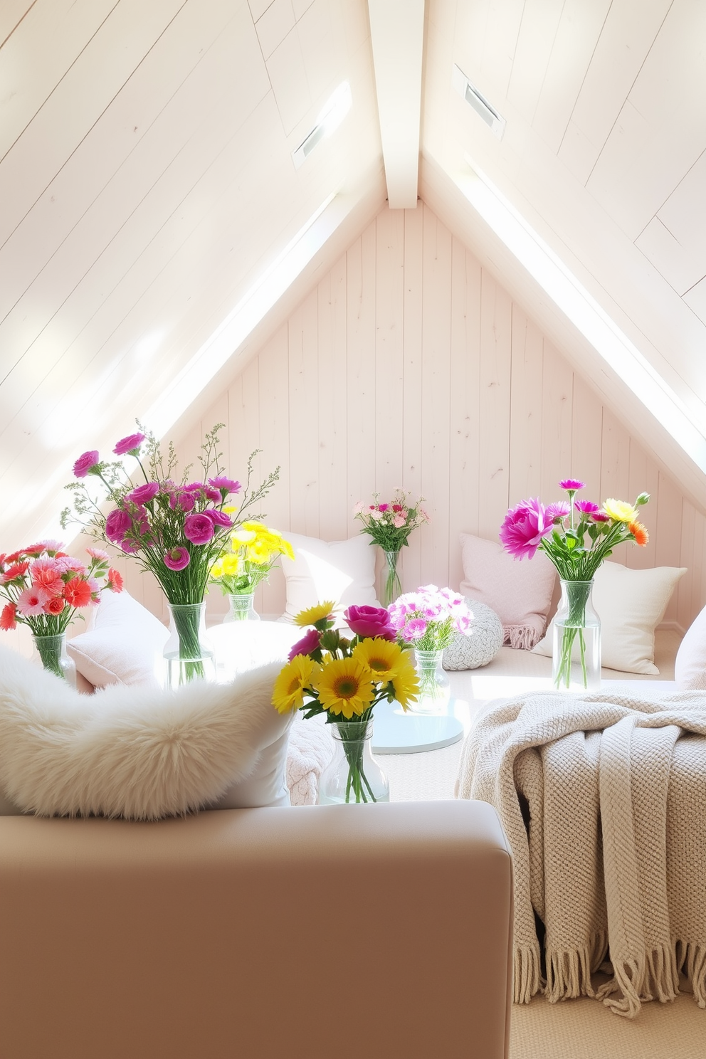 A bright and airy attic space filled with natural light. The walls are painted in a soft pastel hue, and large mirrors are strategically placed to reflect sunlight throughout the room. Cozy seating areas are adorned with floral cushions and throws. Decorative plants and light wood accents create a fresh spring atmosphere, completing the inviting decor.