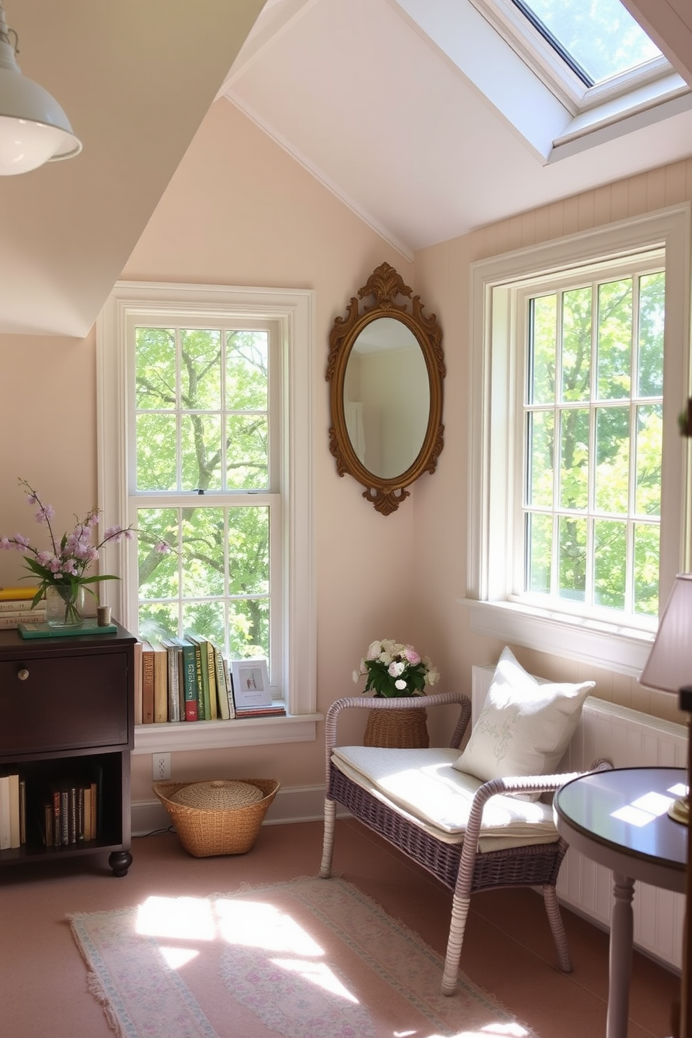 A charming spring attic space filled with natural light. The room features soft pastel colors with floral accents, creating a fresh and inviting atmosphere. Large windows allow sunlight to filter in, illuminating the cozy reading nook. A vintage mirror hangs on the wall, reflecting the greenery outside and enhancing the airy feel of the room.