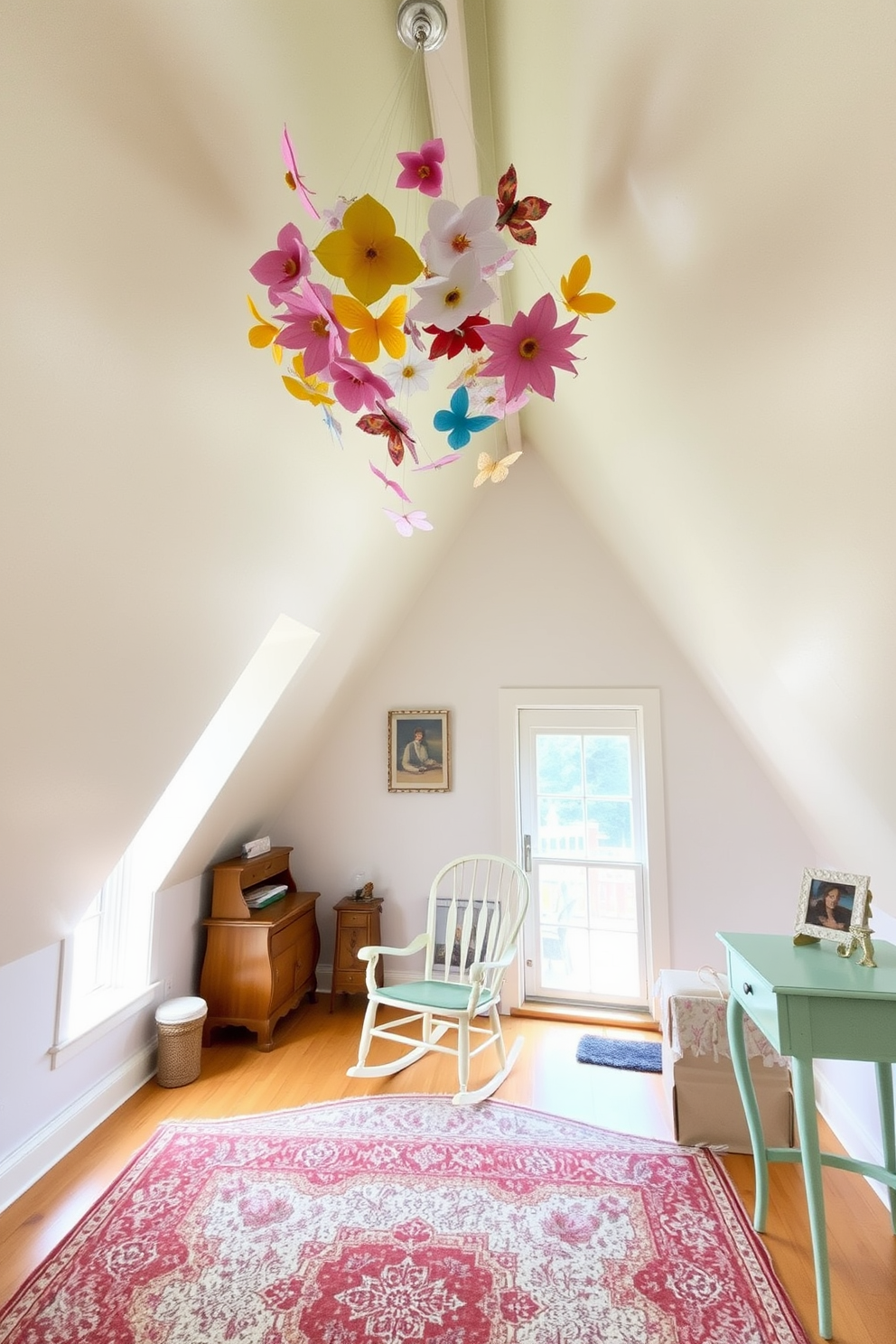 A charming attic space filled with natural light. The walls are painted in soft pastel colors, and the floor is adorned with a cozy area rug. A whimsical ceiling mobile hangs above, featuring colorful paper flowers and butterflies. Vintage furniture pieces, such as a rocking chair and a small writing desk, add character to the room.