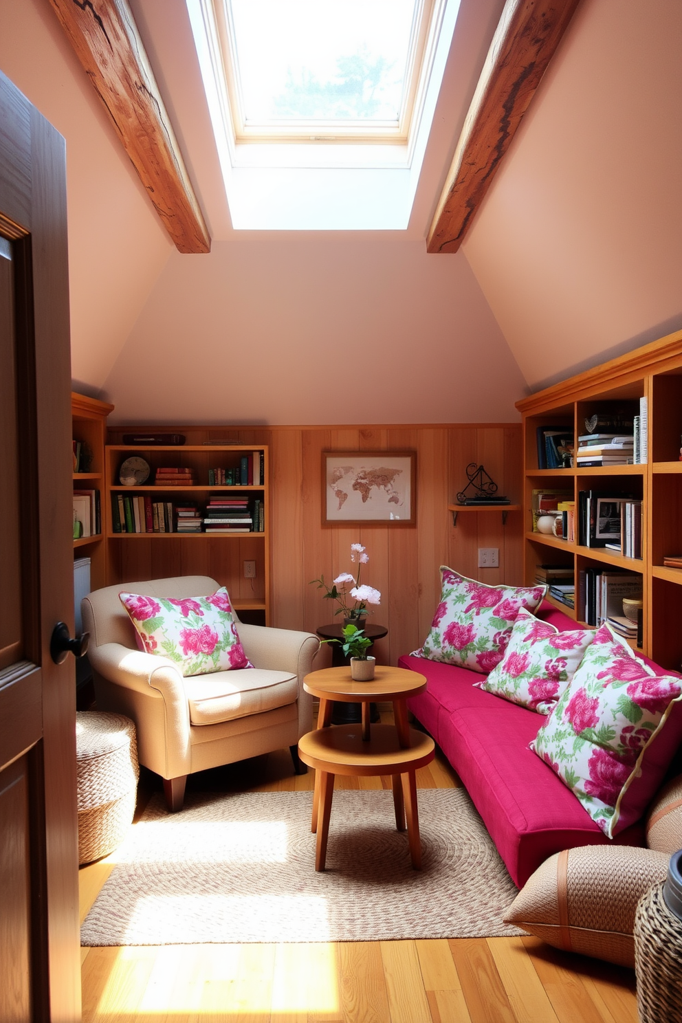 A cozy attic space filled with natural light. The walls are adorned with soft floral patterns in pastel colors, complemented by a vintage wooden beam ceiling. A comfortable reading nook features a plush armchair covered in a vibrant floral fabric. A small side table holds a vase of fresh flowers, adding a touch of spring to the decor.