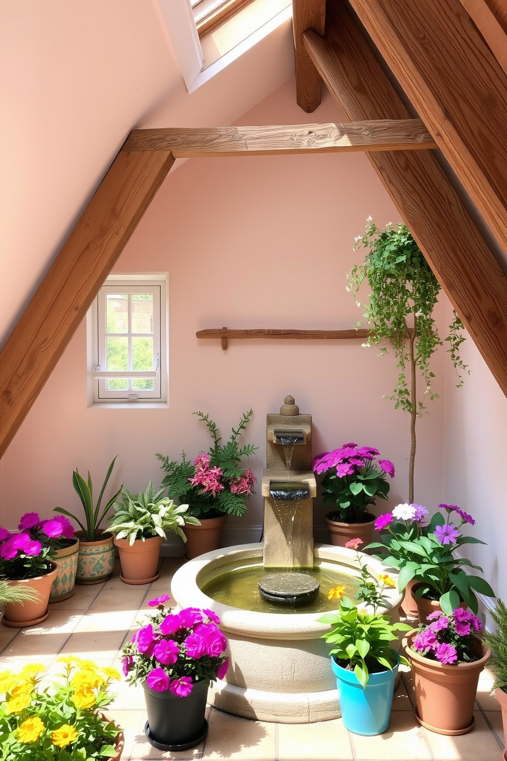 A charming spring attic space filled with natural light. The walls are adorned with soft pastel colors and rustic wooden beams, creating a cozy atmosphere. In one corner, a small indoor fountain gently trickles water, adding a serene ambiance. Surrounding the fountain, potted plants and flowers in vibrant hues bring life to the space.