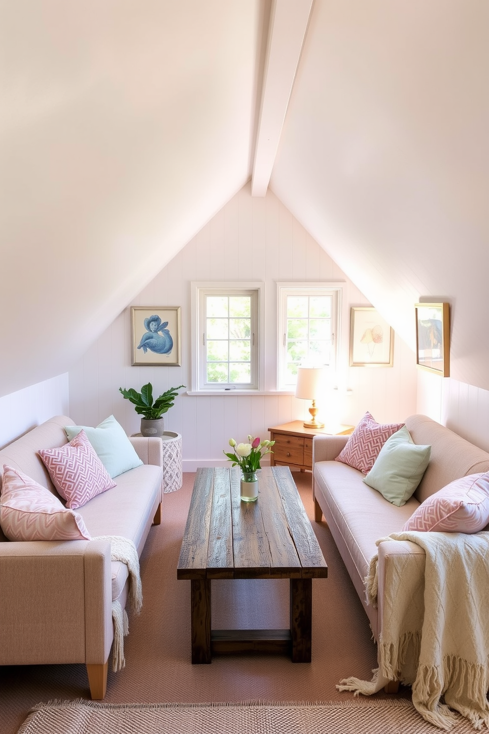 A bright and airy attic space filled with natural light. The walls are adorned with colorful artwork that adds vibrancy and personality to the room. Cozy seating is arranged around a rustic wooden table, creating a perfect nook for relaxation. Soft pastel accents in cushions and throws complement the artwork and enhance the cheerful atmosphere.