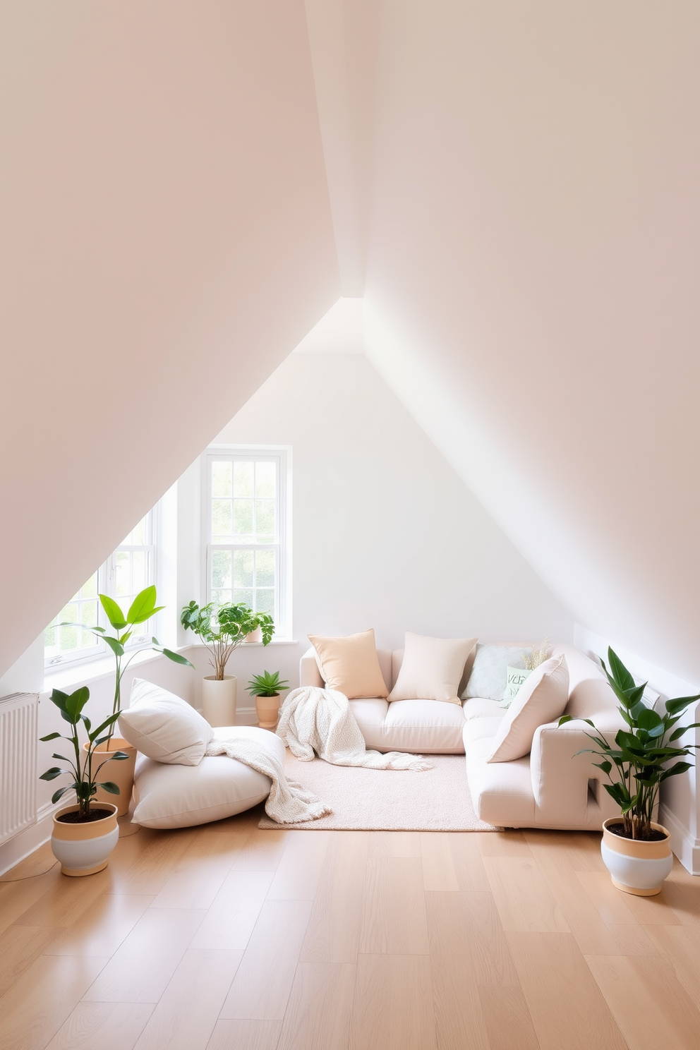 A serene attic space with sloped ceilings adorned in soft white paint. The floor is covered with light oak planks, and large windows allow natural light to flood the room. Cozy seating is arranged with pastel-colored cushions and a delicate throw blanket. Potted plants in soft ceramic pots add a touch of greenery and freshness to the decor.