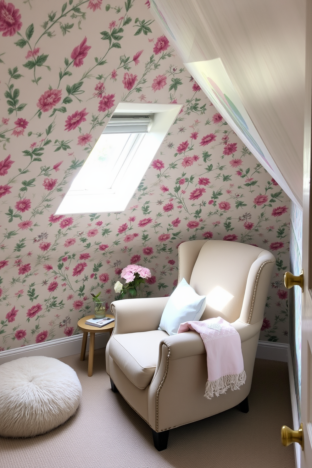 A charming attic space filled with natural light. The walls are adorned with playful wallpaper featuring a vibrant floral pattern, creating a cheerful atmosphere. A cozy seating area includes a plush, oversized armchair and a small side table. Soft pastel accents are incorporated through cushions and decorative throws.