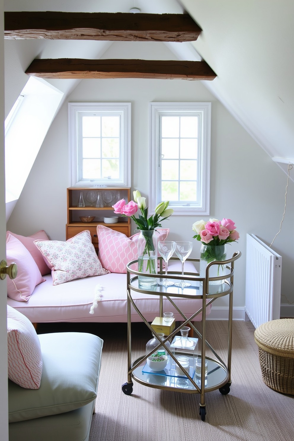 A charming attic space decorated for spring. The room features a cozy seating area with pastel-colored cushions and a small bar cart elegantly arranged with glassware and fresh flowers.