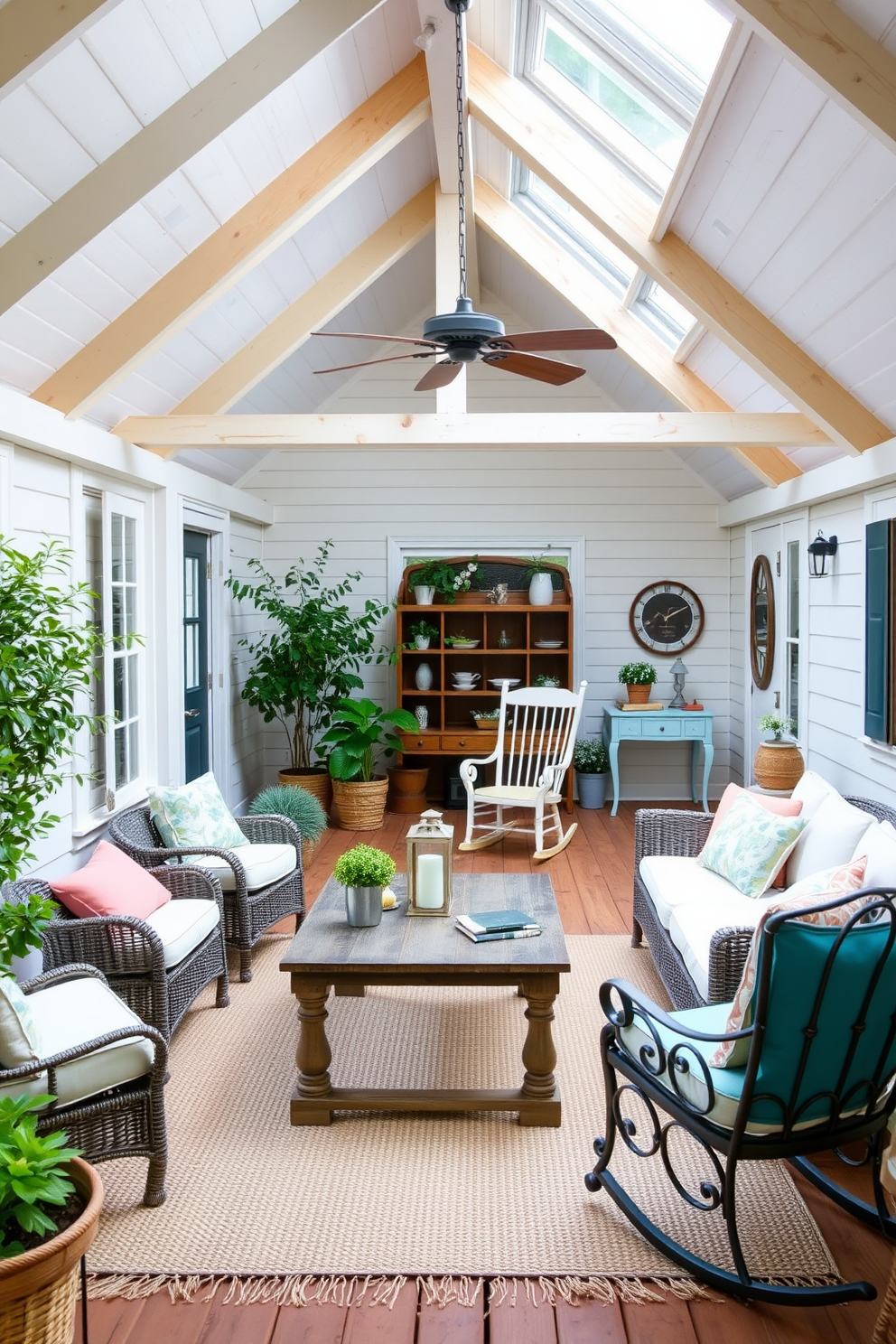 A cozy outdoor seating area featuring a comfortable sectional sofa with weather-resistant cushions in soft pastels. A rustic wooden coffee table sits in the center, surrounded by potted plants and a few decorative lanterns for ambiance. An inviting attic space transformed into a bright and cheerful retreat with light-colored walls and exposed wooden beams. Vintage furniture pieces, such as a charming rocking chair and a small writing desk, are accented by colorful throw pillows and a woven area rug.