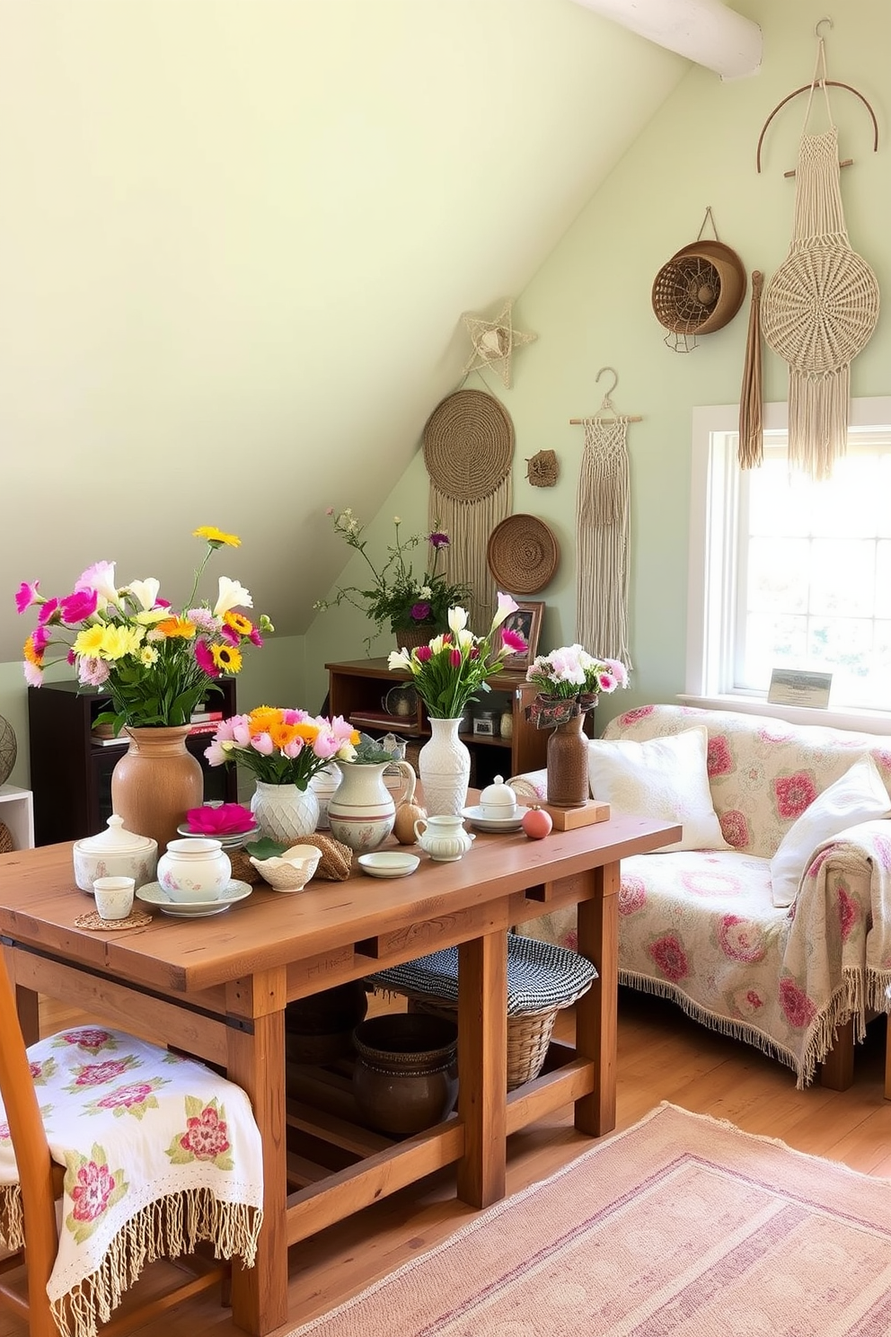 A cozy spring attic space filled with natural light. The room features a handmade wooden table adorned with vibrant floral arrangements and a collection of handcrafted pottery. Soft pastel colors dominate the walls, complemented by vintage quilts draped over a comfy seating area. Unique handmade crafts, such as woven baskets and macramé wall hangings, add a personal touch to the decor.