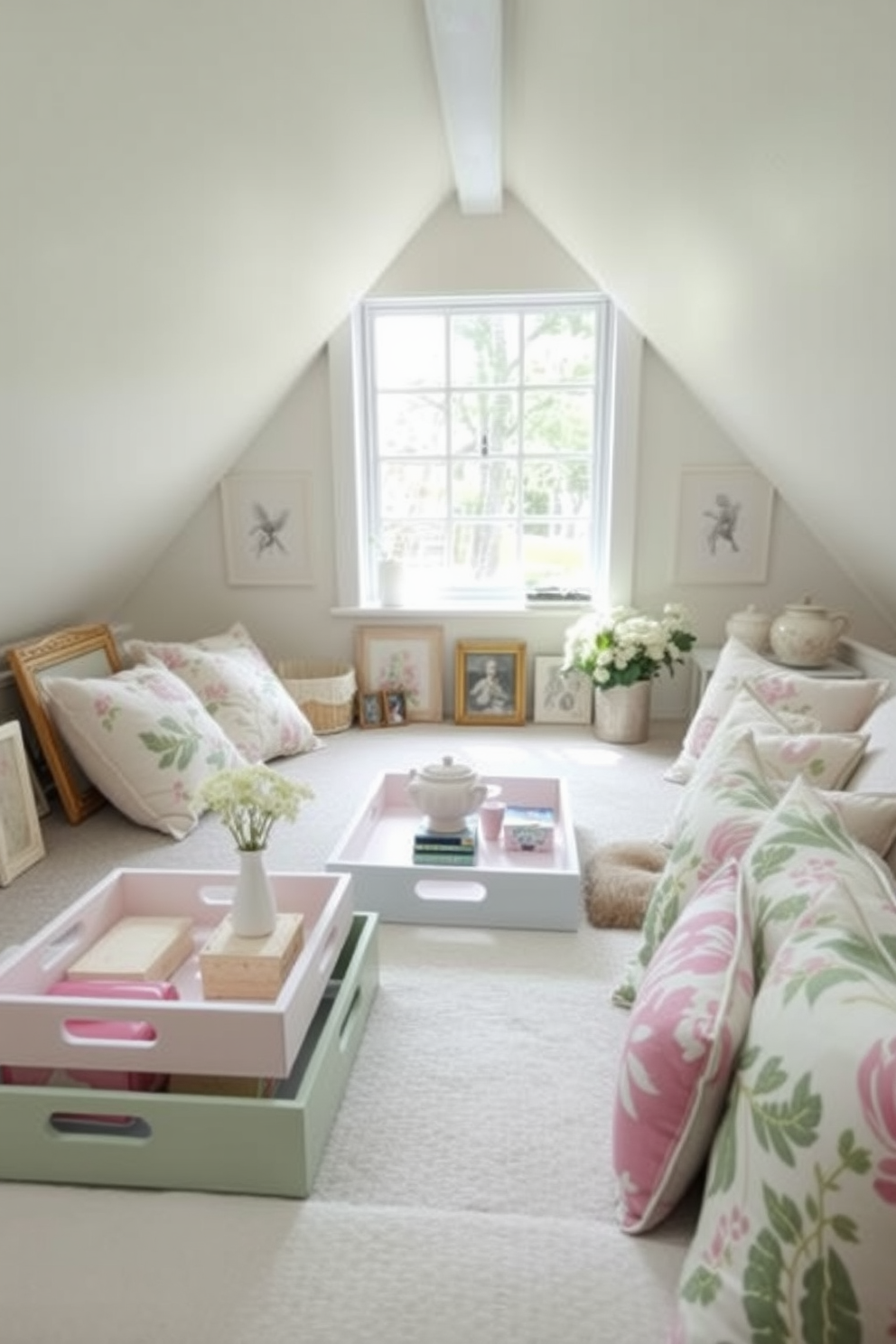 A charming spring attic space filled with natural light. Decorative trays in soft pastel colors are used to organize various items, adding a touch of elegance and functionality. The walls are adorned with botanical prints, creating a fresh and inviting atmosphere. Cozy seating with floral cushions invites relaxation and enjoyment of the serene surroundings.