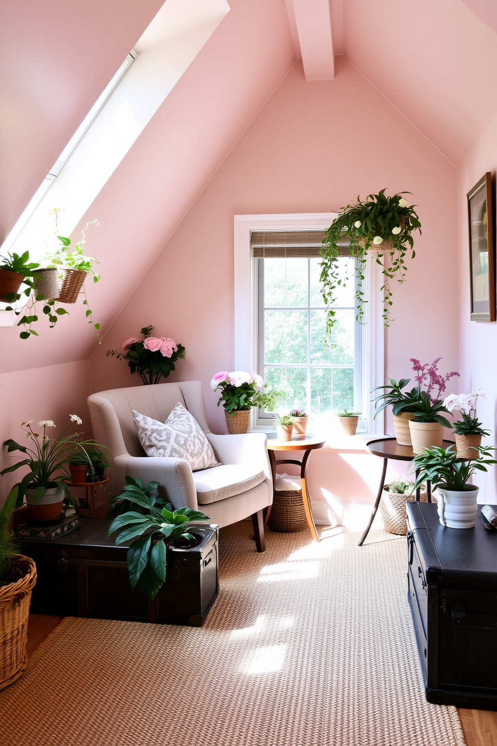 A cozy attic space filled with natural light. The walls are adorned with vibrant, colorful artwork that adds a cheerful touch to the room. In one corner, a comfortable reading nook features a plush armchair and a small side table. Decorative plants and soft textiles create an inviting atmosphere perfect for relaxation.