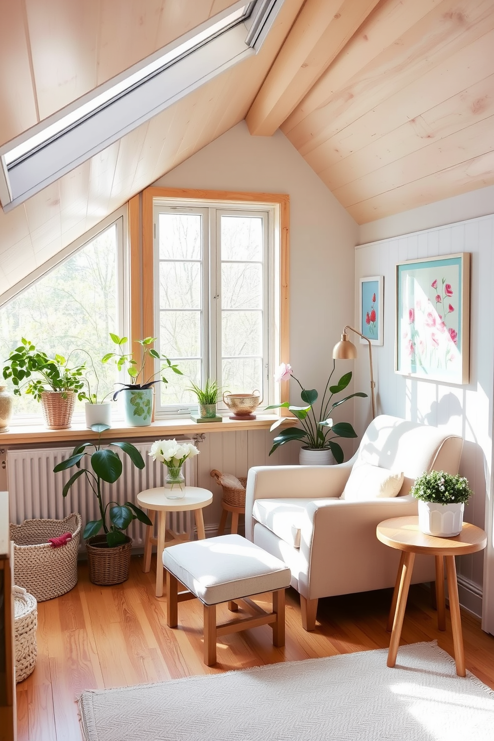 A cozy spring attic decorated with natural light streaming through a large window. The space features wicker baskets neatly arranged for storage solutions, adding a touch of warmth and texture to the room. Soft pastel colors adorn the walls, creating a fresh and inviting atmosphere. A comfortable reading nook is set up with a plush armchair and a small side table, perfect for enjoying a cup of tea.