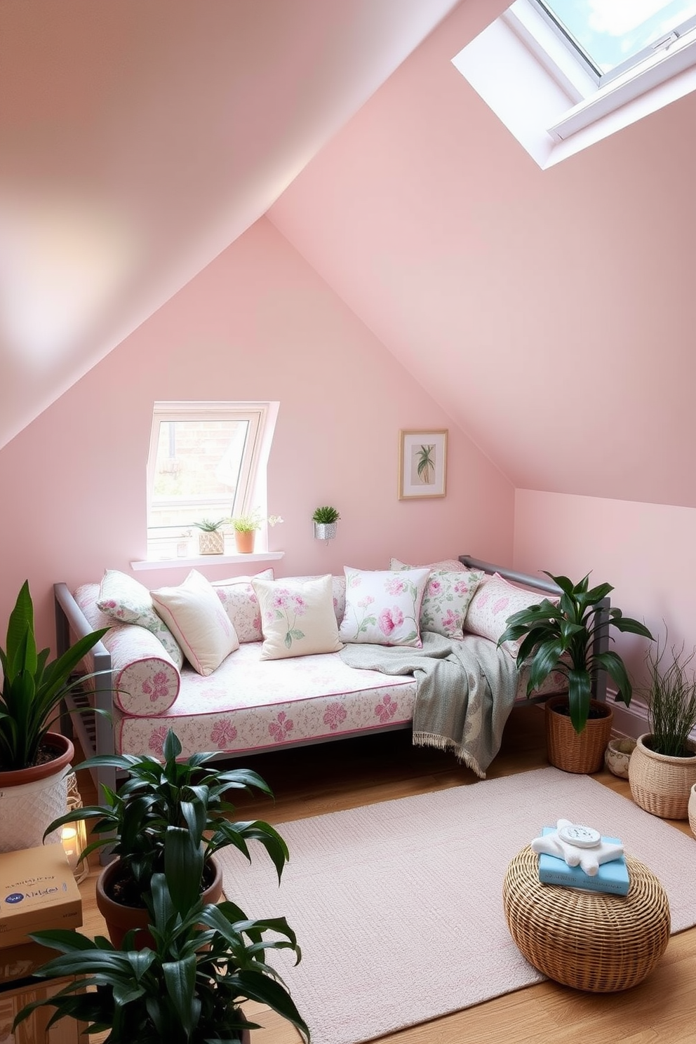 A cozy attic space designed for spring with a versatile daybed that serves as both a seating area and a sleeping space. The walls are painted in soft pastel colors, and natural light floods the room through a skylight, enhancing the airy atmosphere. Plush cushions in floral patterns adorn the daybed, inviting relaxation and comfort. Surrounding the daybed are potted plants and decorative accents that reflect the freshness of the spring season.