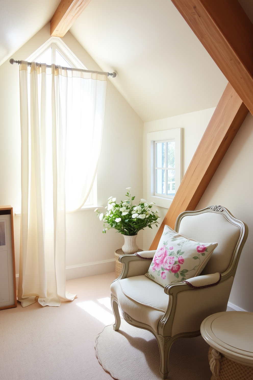 A cozy spring attic space filled with natural light. The walls are painted in a soft pastel hue, and the floor is adorned with a light-colored wooden finish. Hang sheer curtains to allow soft lighting to filter in, creating a warm and inviting atmosphere. Vintage furniture pieces are arranged thoughtfully, including a small writing desk and a plush armchair in the corner.