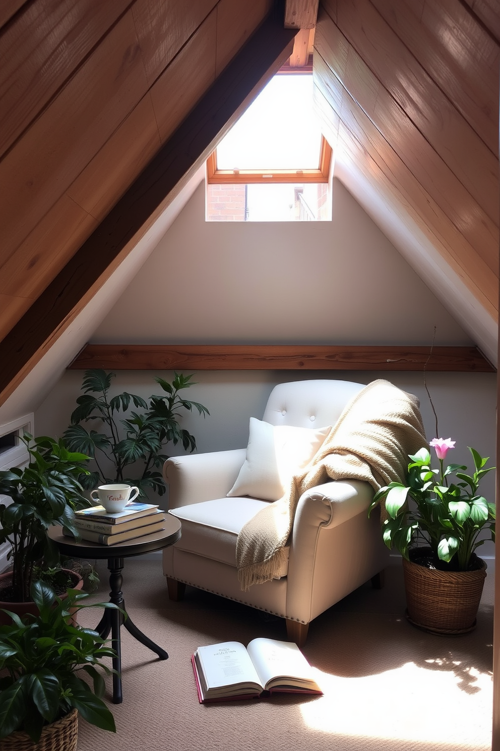 A charming spring attic space filled with natural light. The room features a cozy seating area with a vintage armchair and a small wooden table. Potted plants are strategically placed throughout the space, adding a touch of natural greenery. The walls are adorned with soft pastel colors, creating an inviting atmosphere. A large woven rug covers the wooden floor, providing warmth and texture. Decorative shelves display curated books and unique trinkets, enhancing the room's character.