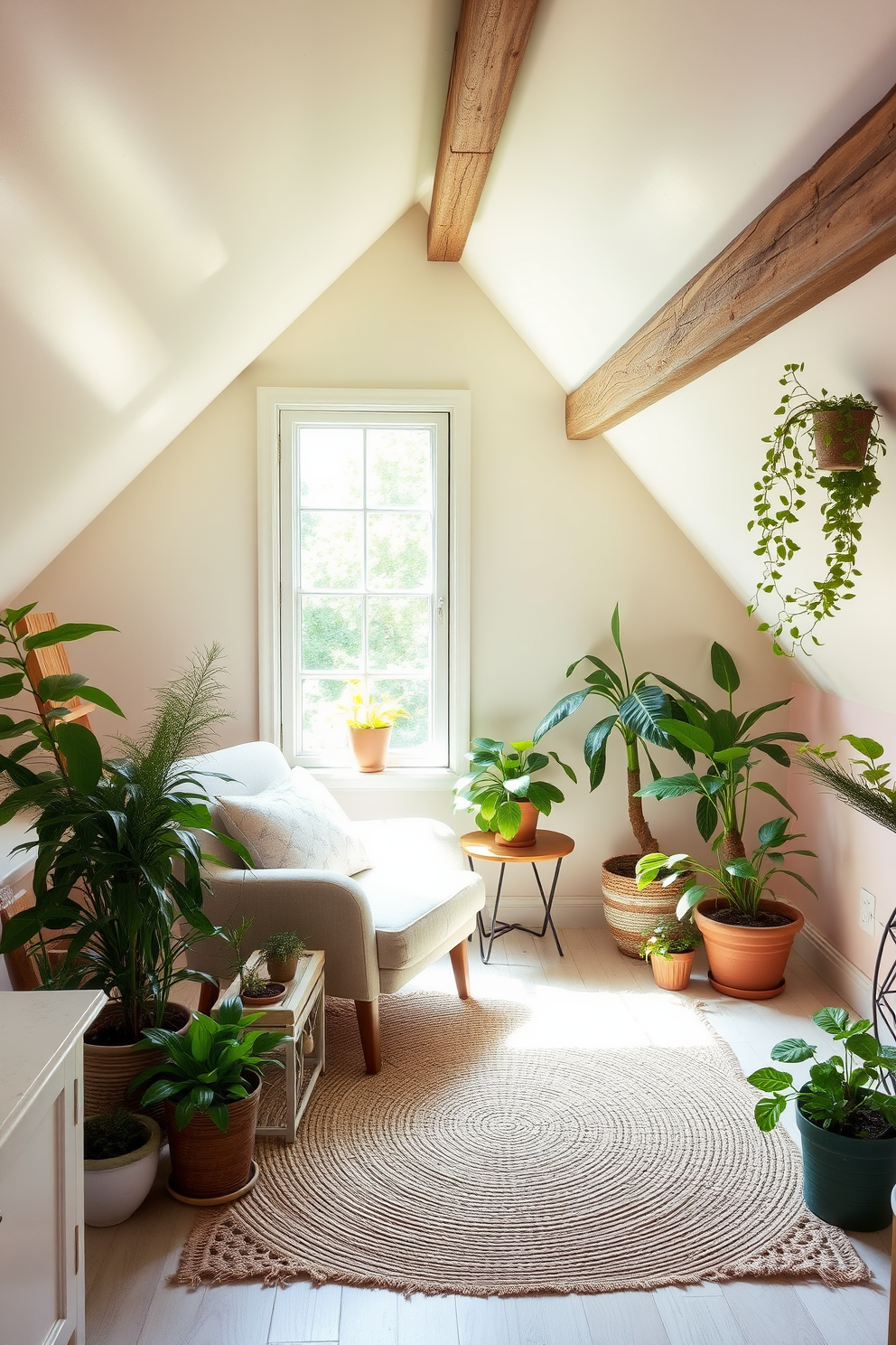 A charming spring attic space filled with natural light. The room features a cozy reading nook with a plush armchair and a small side table, surrounded by potted plants that bring fresh greenery to the atmosphere. The walls are adorned with soft pastel colors, creating a serene backdrop. Vintage wooden beams add character, while a woven rug anchors the space, inviting relaxation and creativity.