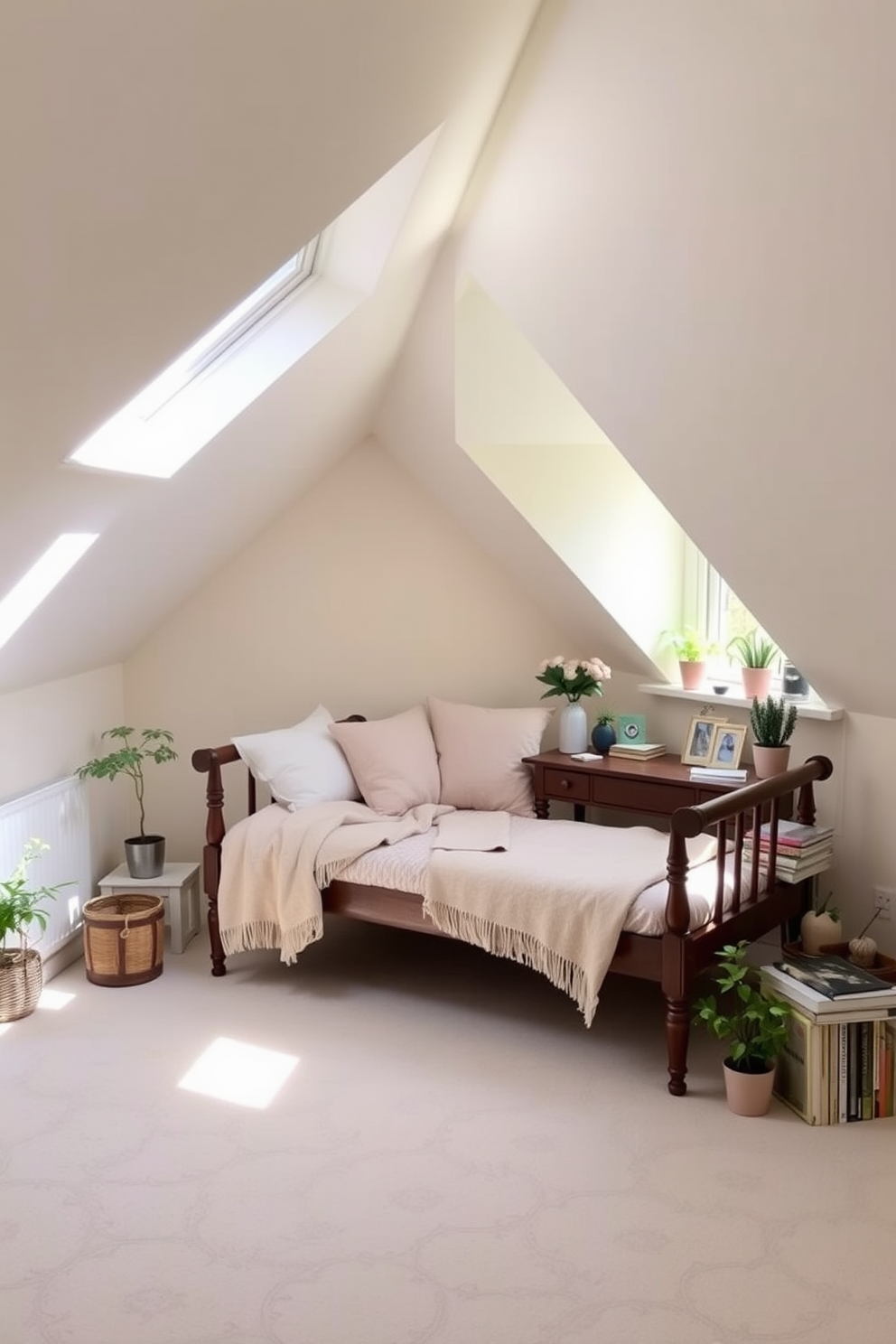 A charming spring attic decorated with vintage furniture. The space features a cozy reading nook with a distressed leather armchair and a small wooden side table adorned with a floral tablecloth. Sunlight streams through a skylight, illuminating a collection of antique trunks stacked in the corner. A vintage rug with intricate patterns adds warmth to the wooden floor, while potted plants bring a touch of nature indoors.